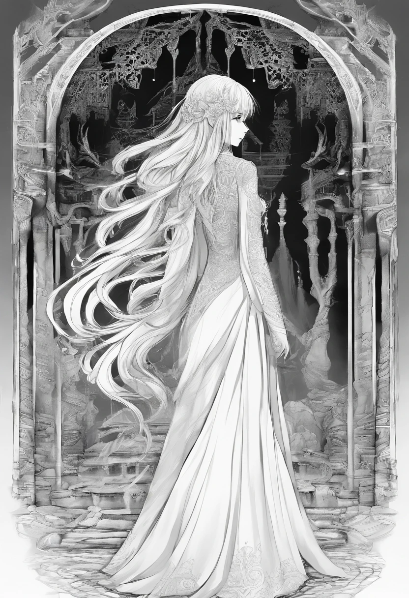 White dress blonde long hair anime girl,Robe, , detailed long blond hair, long hair girl, A flowing robe, cabellos largos dorados, long and flowing hair, Long flowing hair, Anime girl with long hair, Flowing white robe,Elves,elvish ears,Ancient architectural background,Back shadow,Exquisite ancient temple background,Full body like,Side Body
