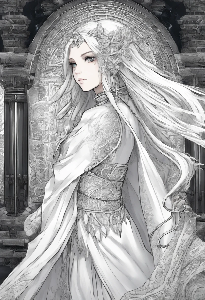 White dress blonde long hair anime girl,Robe, , detailed long blond hair, long hair girl, A flowing robe, cabellos largos dorados, long and flowing hair, Long flowing hair, Anime girl with long hair, Flowing white robe，Elves，elvish ears，Ancient architectural background，Back shadow，Exquisite ancient temple background，Full body like，Side Body