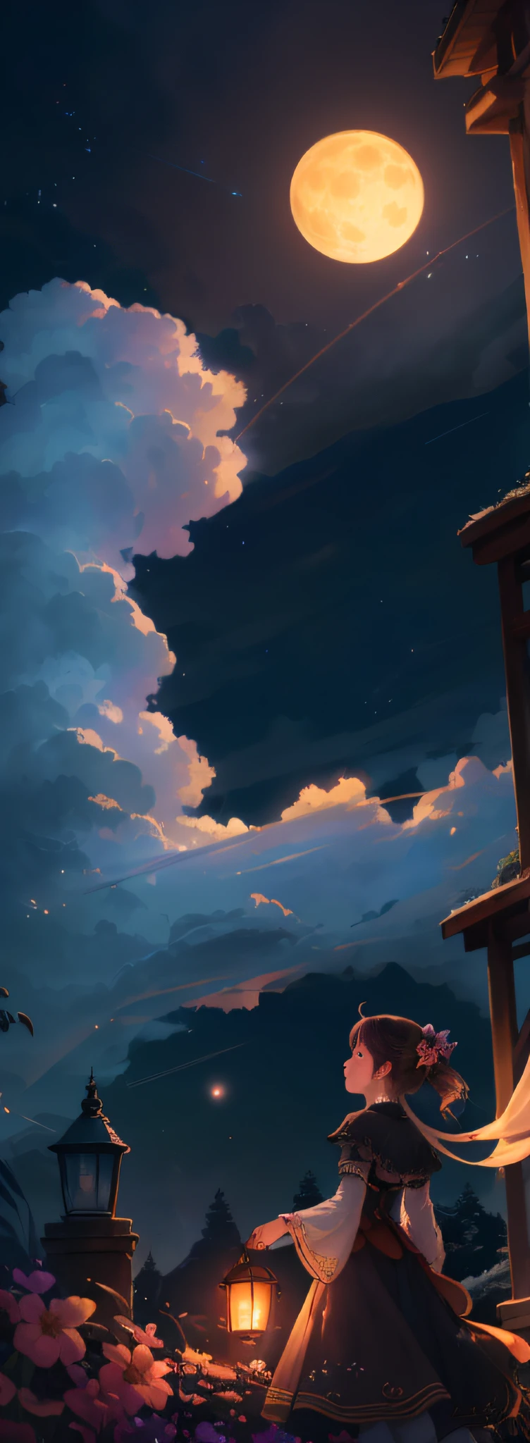 Photos of vast landscapes, (from below, the sky above and open fields below), a girl standing on a flower field looking up, (Full Moon: 1.2), (Meteor: 0.9), (Nebula: 1.0), Distant Mountains, Trees BREAK Making Art, (Warm Light Source: 1.4), (Firefly: 1.2), Lamps, Lots of Purple and Orange, Intricate Details, Volumetric Lighting BREAK (Masterpiece: 1.2), (Best Quality), 4K, Ultra Detailed, (Dynamic Composition: 1.4), Detailed, Colorful, (Iridescent: 1.0), (Glow, Atmospheric Lighting), Dreamy, Magical, (Solo: 1.2)