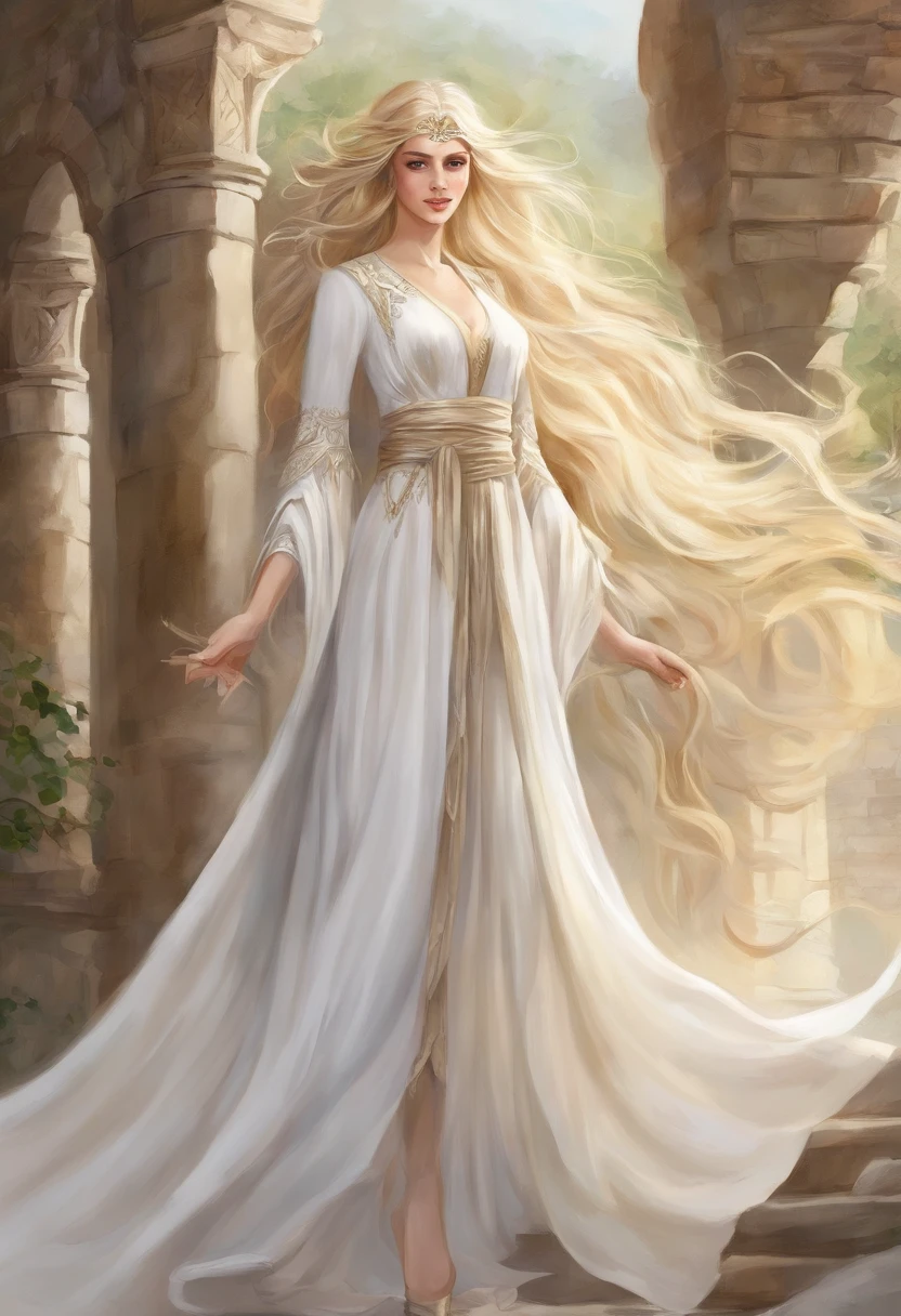 White dress blonde long hair anime girl,Robe, , detailed long blond hair, long hair girl, A flowing robe, cabellos largos dorados, long and flowing hair, Long flowing hair, Anime girl with long hair, Flowing white robe,Elves,elvish ears,Ancient architectural background,Back shadow,Exquisite ancient temple background,Full body like,Side Body