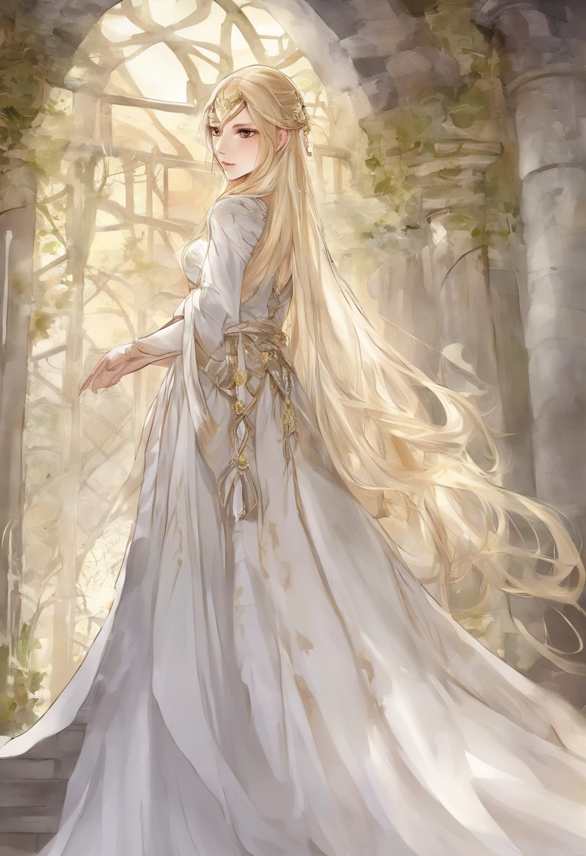 White dress blonde long hair anime girl,Robe, , detailed long blond hair, long hair girl, A flowing robe, cabellos largos dorados, long and flowing hair, Long flowing hair, Anime girl with long hair, Flowing white robe,Elves,elvish ears,Ancient architectural background,Back shadow,Exquisite ancient temple background,Full body like,Side Body