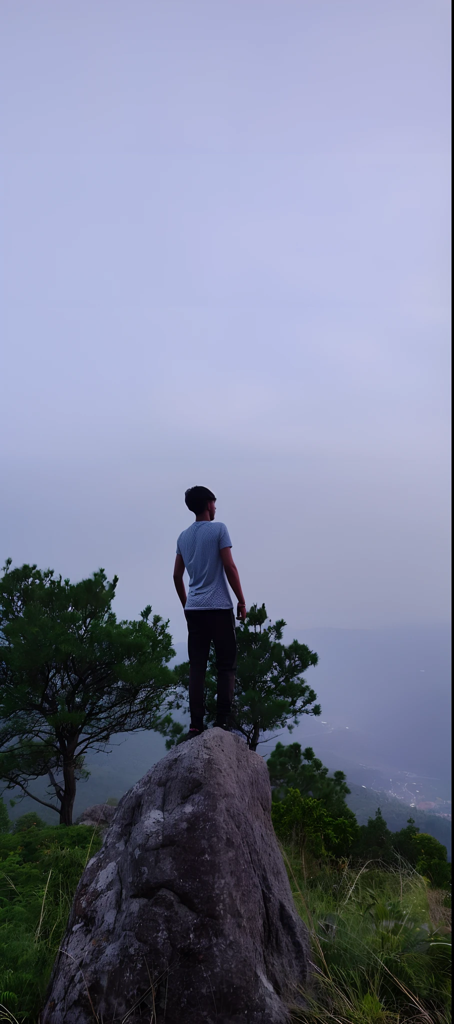 arafed man standing on a rock looking out over a valley, standing on mountain, standing on a mountain top, standing on top of a mountain, on top of a mountain, standing on a cliff, at the top of a mountain, on the top of a mountain, chill time. good view, standing on a cliffside, amidst nature, standing on a hillge