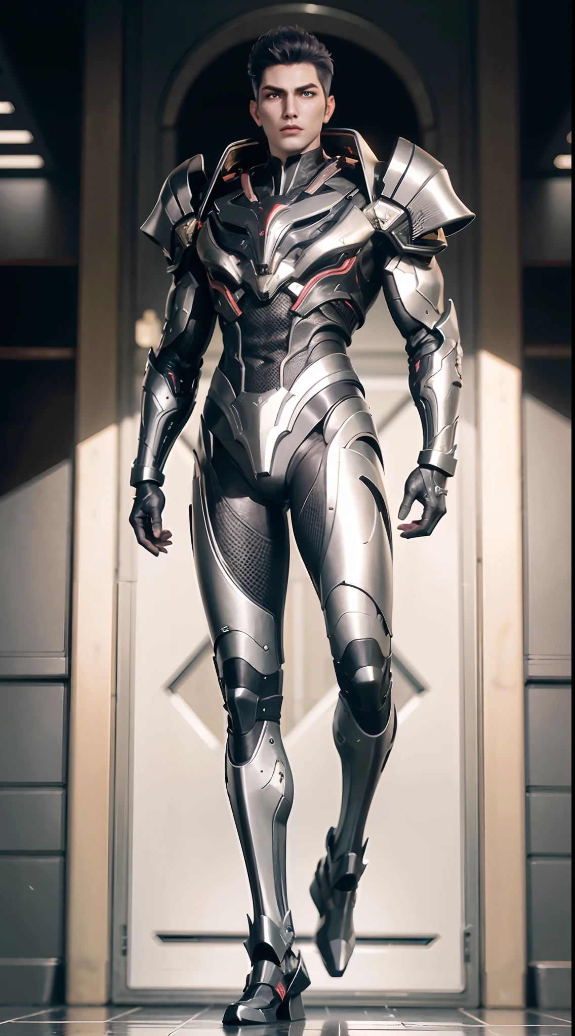 a man in a suit with a futuristic look on his face and chest, with a futuristic helmet on, (1boy:0.630), (black hair:0.728), (silver, golden, heavy armor:0.923), (a pair silver wings:0.921), (blurry:0.915), (blurry background:0.579), (blurry foreground:0.619), (depth of field:0.771), (letterboxed:0.805), (looking at viewer:0.601), (male focus:0.786), (mecha:0.605), (realistic:0.758), (solo:0.839), (full body:1.3)