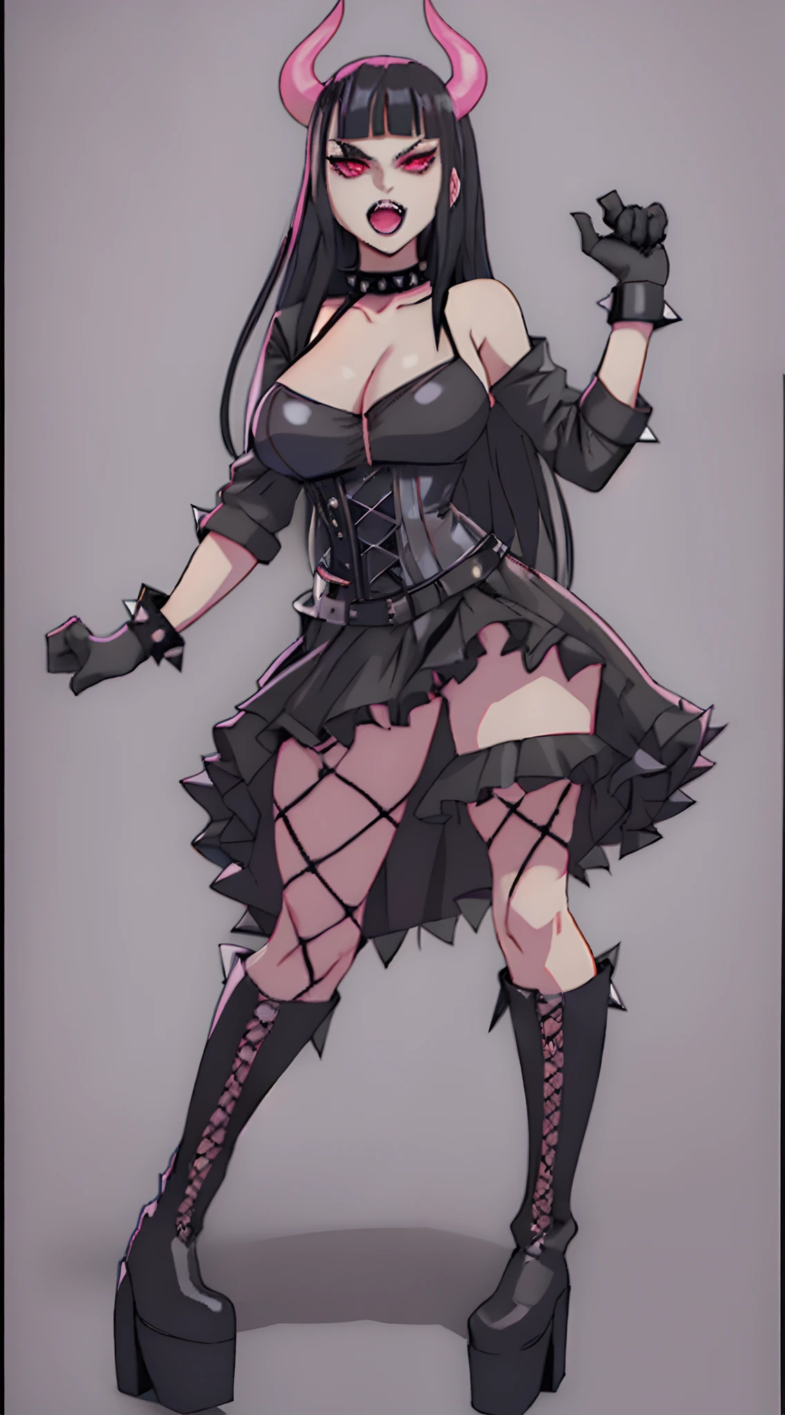 Goth Woman, long black hair with bangs, choker with spikes, black clothes, black mini dress, black gloves, big breasts, thin waist, wide hips, black gloves, black platform boots, black corset, black blouse, black mini skirt, fishnet tights, spiked bracelet, pink eyes, vampire tooth, vampire fangs, full body