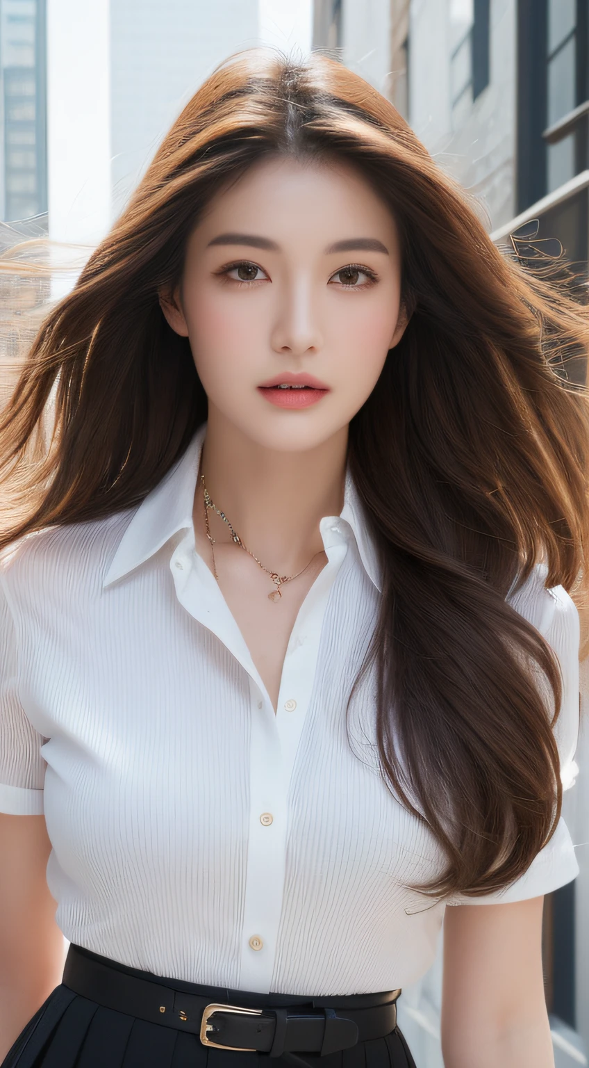 (Best quality, High resolution, Masterpiece :1.3), A tall and pretty woman, Slender abs, Dark brown hair styled in loose waves, Breasts, Wearing pendant, White button up shirt, Belt, Black skirt, (Modern architecture in background), Details exquisitely rendered in the face and skin texture, Detailed eyes, Double eyelid