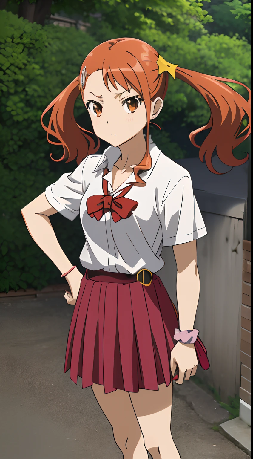 ​masterpiece, top-quality, Hi-Res, 1girl in, Anime style, Naruko Anjo, hair clips,, student clothes, Rolled up sleeves, wrist scrunchie, a belt, white  shirt, a red skirt, sockes, (Twin-tailed:1.3), is standing, plein air, put hands on the hip, Upper body