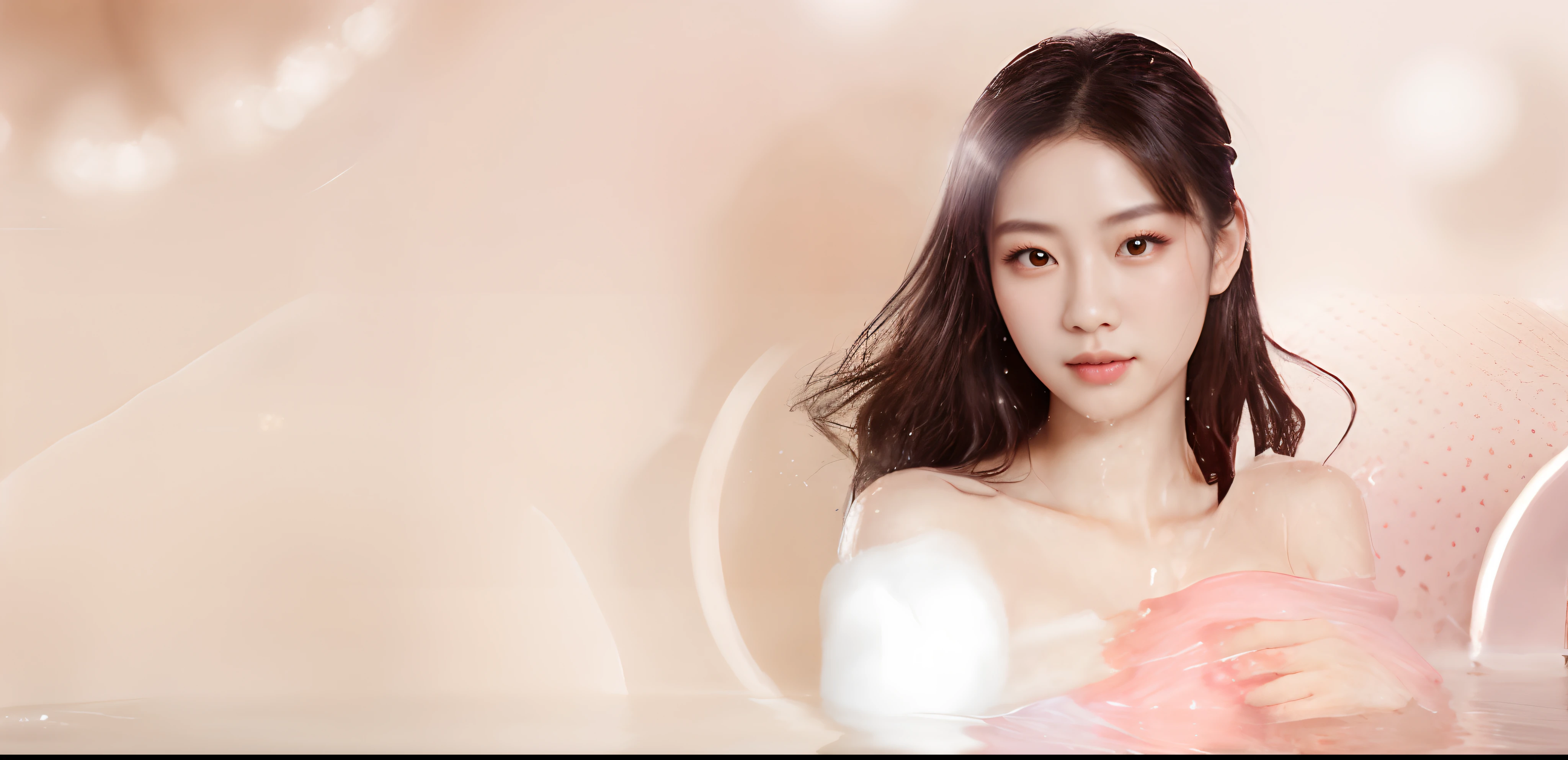 Chinese beauty with half a bare shoulder，water，Small golden balls，Sparkling all around，Ultimate light and shadow effects，Horizontal view，White gold background