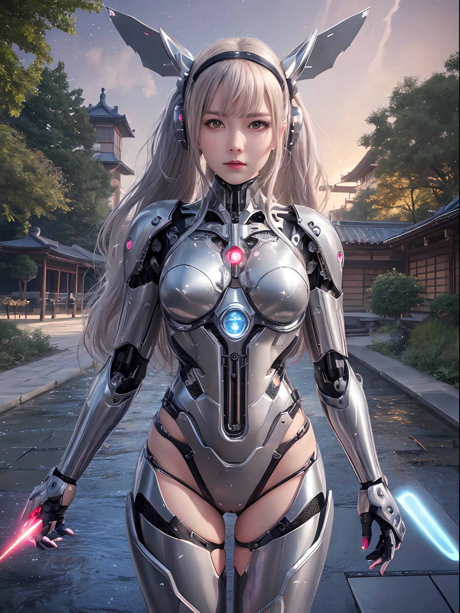 cowboy shot, caustics,reflection,ray tracing,demontheme,nebula,dark aura,cyber effect, (1girl:1.4),solo,alone,mecha musume, pink silver mechanical parts, blonde hair, robot joints,single mechanical arm, headgear, mechanical halo,star halo,intricate mechanical bodysuit, mecha corset, kimono, full armor, very long hair, red eyes,glowing eye,eye trail, random expressions,random action, ancient japanese architecture,pond, starry sky,skyline,