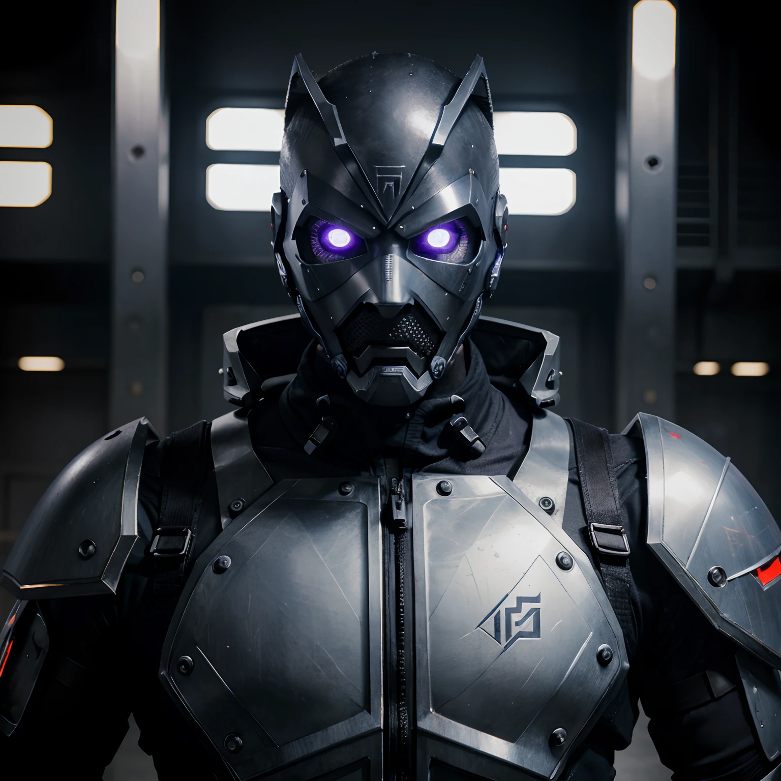 cyberpunked male people Half body machine cyborgs Full Metal Mask Near Future Ninja Awesome Assassin Purple tone Lonely high Killing Machine Best Quality finely detail German Expressionist tone Evil charisma