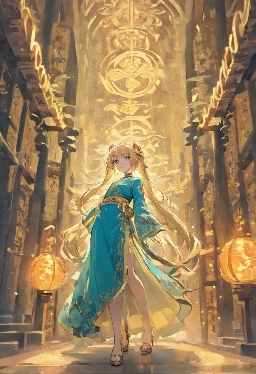 Blue dress blonde long hair anime girl,Robe, , detailed long blond hair, long hair girl, A flowing robe, cabellos largos dorados, long and flowing hair, Long flowing hair, Anime girl with long hair, Flowing blue robe,Elven girl,elvish ears,Background of ancient Chinese architecture,Back shadow,Ancient Chinese architectural background,Full body like,Side Body,Tai Chi pattern,Gossip pattern