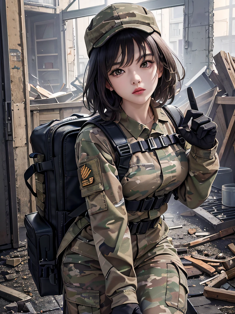 ((​masterpiece、ultra fine photos、top-quality、超A high resolution、Photorealsitic、foco nítido、bustshot))、、Beautiful Female Soldier、delicated face、fair white skin、High Detail Skin、realistic skin detail、Cropped Shorthair、Camouflage Cap、Combat equipment、Black undershirt、Army Long Sleeve Camouflage Uniform、Camouflage pants、Combat gloves、rucksack、Detailed and complex busy background、A room in an abandoned building、White smoke、Detailed face and chest depiction、Detailed hand depiction、combat pose、Dynamic action、watching at viewers