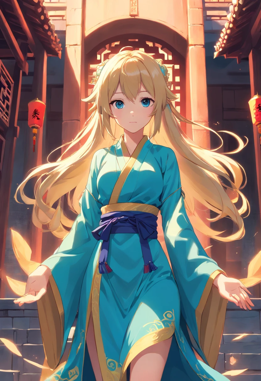 Blue dress blonde long hair anime girl,Robe, , detailed long blond hair, long hair girl, A flowing robe, cabellos largos dorados, long and flowing hair, Long flowing hair, Anime girl with long hair, Flowing blue robe，Elven girl，elvish ears，Background of ancient Chinese architecture，Back shadow，Ancient Chinese architectural background，Full body like，Side Body，Tai Chi pattern，Gossip pattern