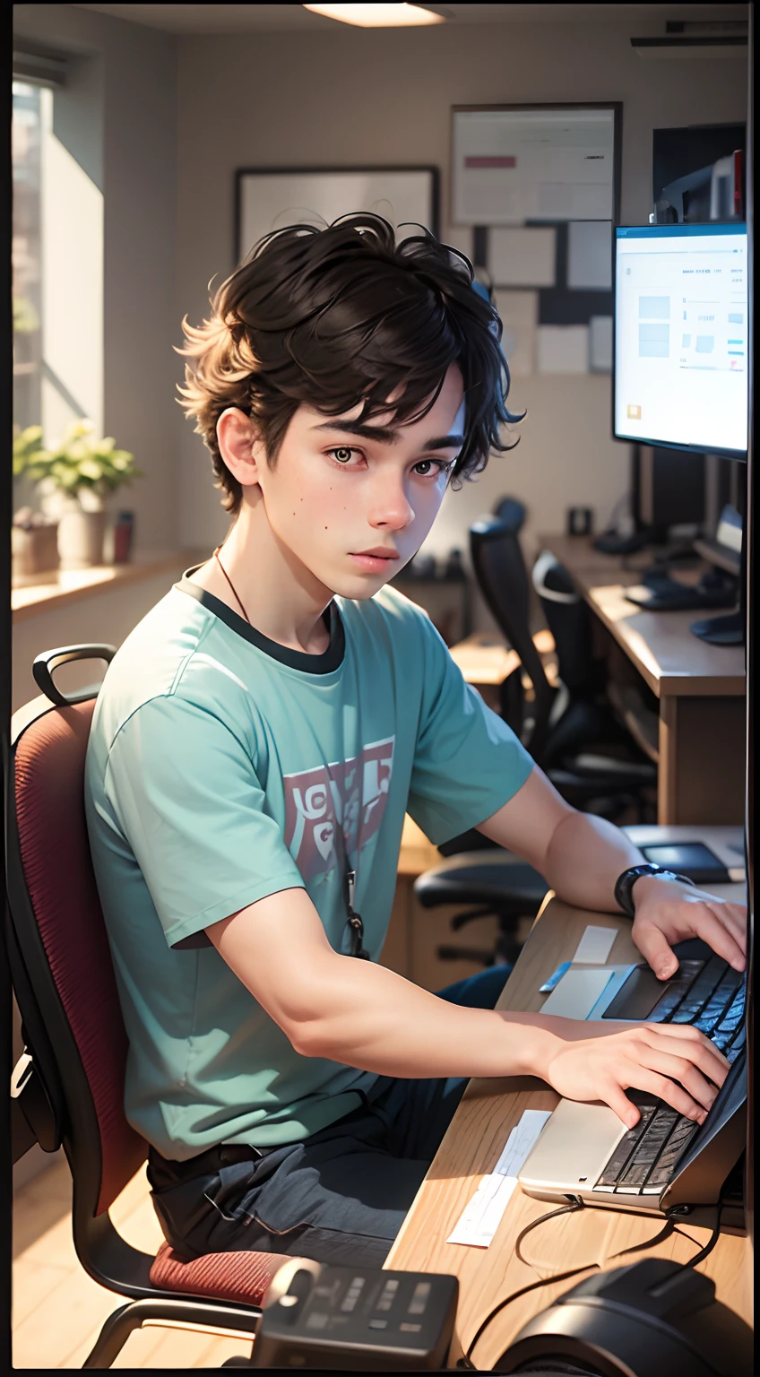 A 24-year-old boy working at a computer monitor, typing keyboard, giant lilies, ((ager))