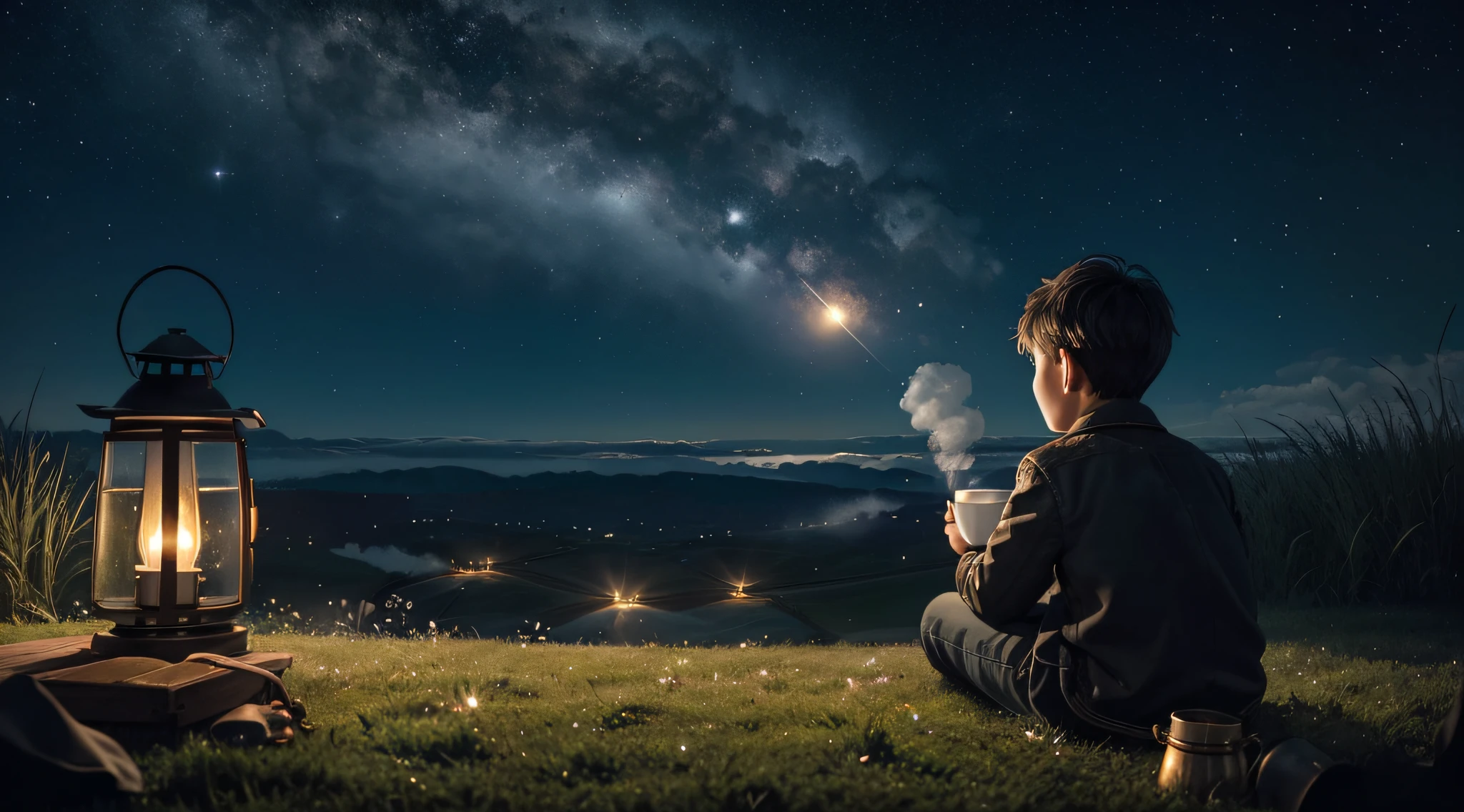 Silence、natta、kosmos、meteors、a moon、Fantasia、grass field、Boy staring at a distant star(In the center of the screen、About 10 meters away、Rear view、Sitting on the ground、Place one lantern at the boy's feet、Drink a coffee mug、There is a little steam coming out of the mug)