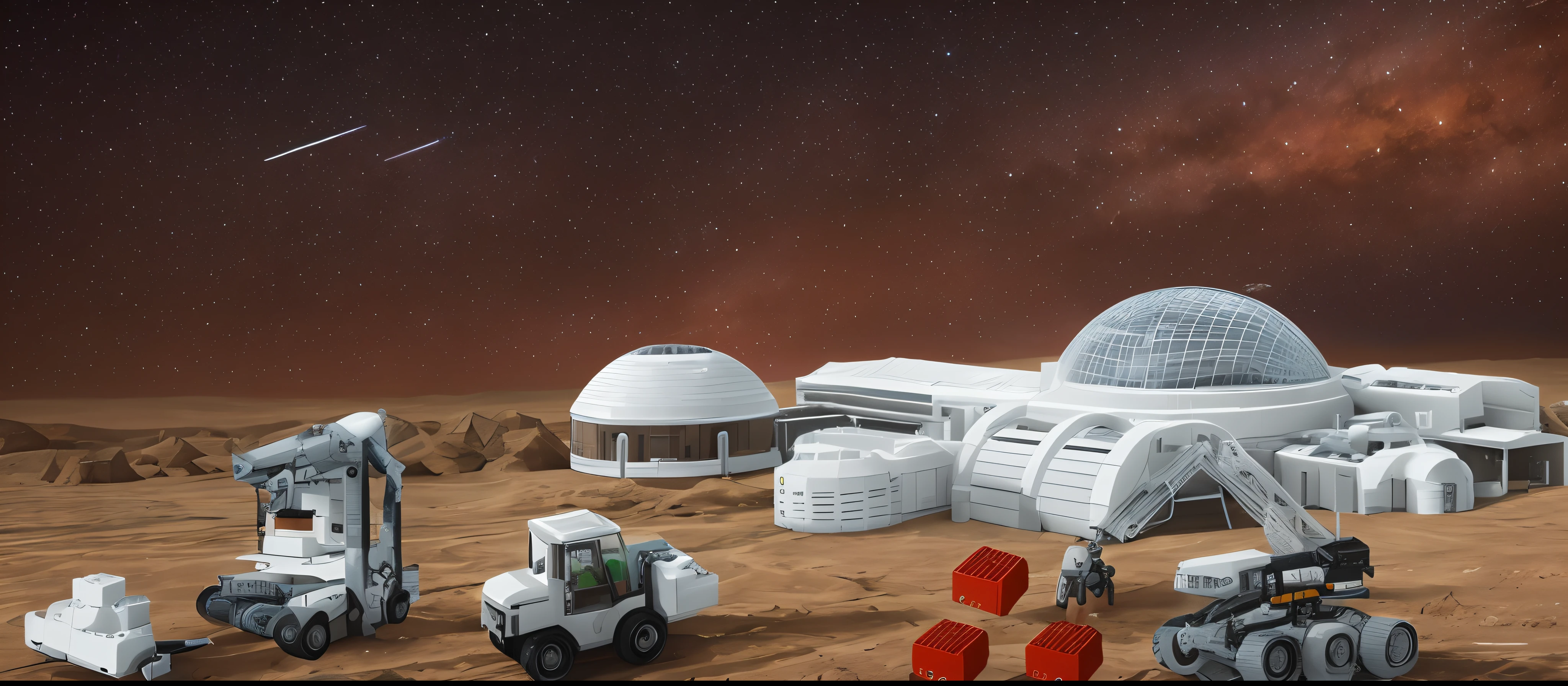Mars base construction，There are ultra-modern homes with huge 3D printers that print blocks in the form of red Lego bricks，There are transporters for transporting bricks，Realistic and realistic，Don't use bells and whistles，The exterior of the house is close to the color of the soil，The original image has a small proportion of change，Hyper-Resolution，hyper photorealism。