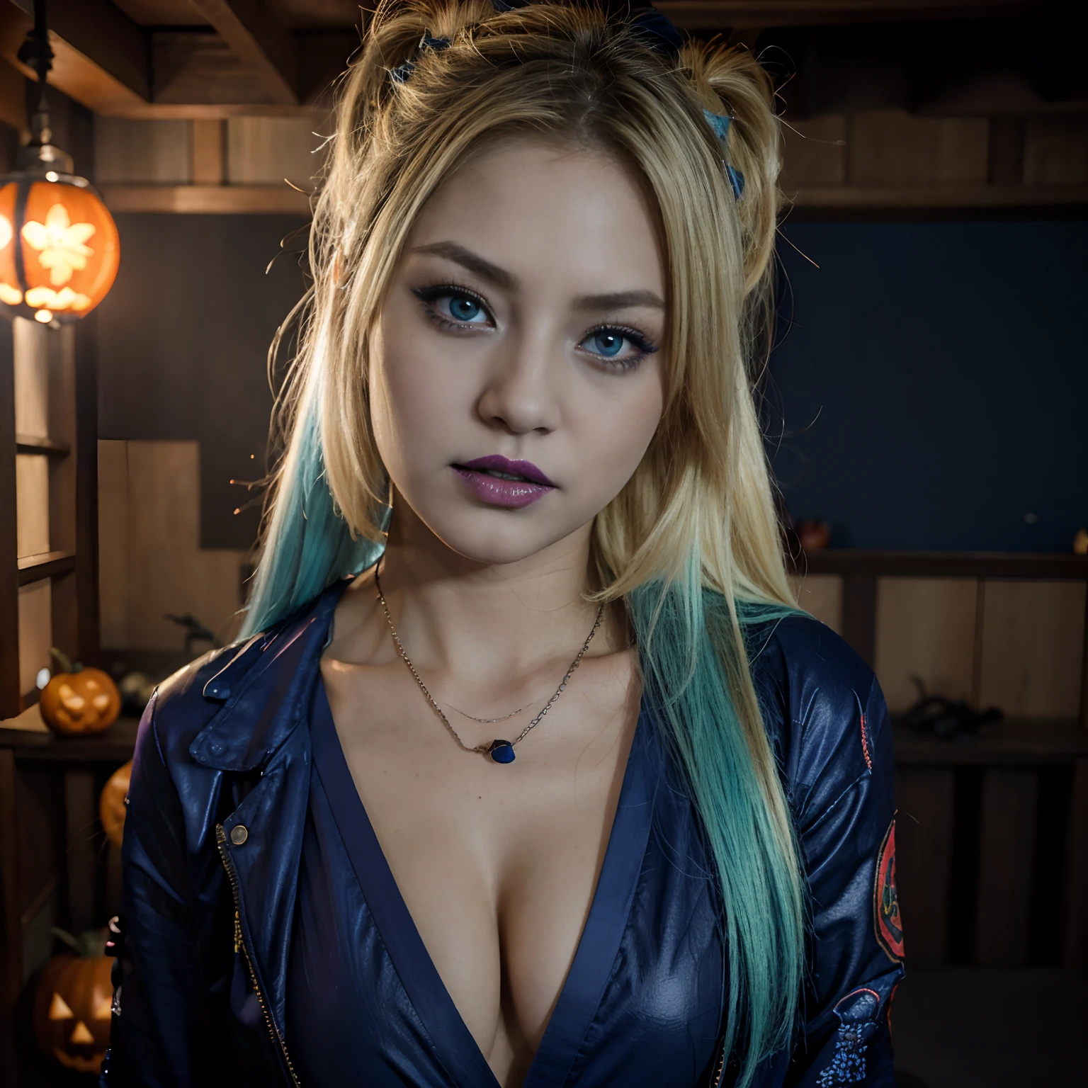 mujer sexy, con rasgos japoneses, en la recamara, con ojos grandes color azul, blonde hair, mordiendose los labios, tomandose una foto de cuerpo completo con disfraz de halloween demon girl. natural lights