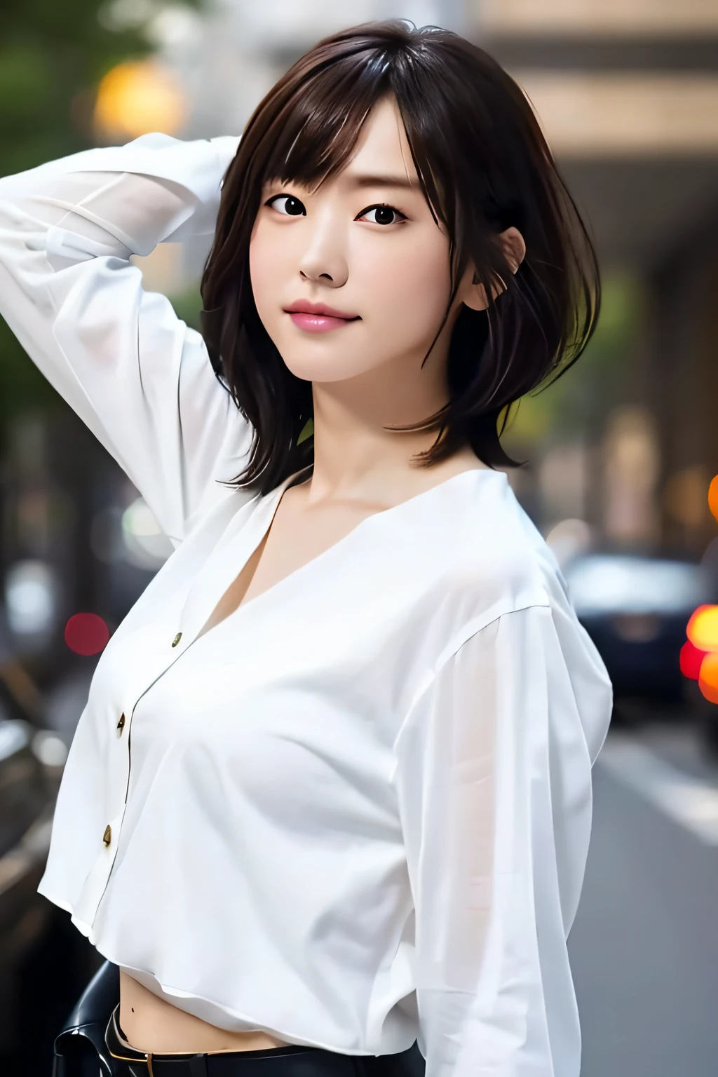 ((Best Quality, 8K, Masterpiece: 1.3)), Sharp: 1.2, Perfect Body Beauty: 1.4, Slim Abs: 1.2, ((Layered Hairstyle, Big Breasts: 1.2)), (Wet White Button Long Shirt: 1.1), (Rain, Street: 1.2), Wet: 1.5, Highly detailed face and skin texture, detailed eyes, double eyelids, side face looking at the camera