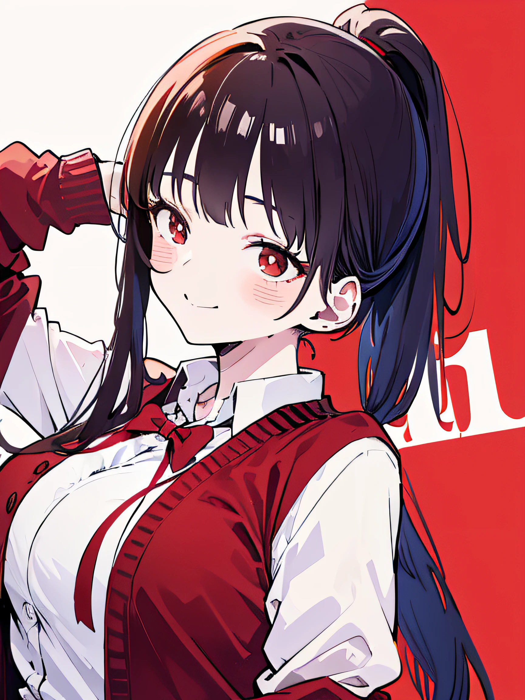 (masterpiece, best quality, high resolution, Yamada Anna) 1 girl, solo, long reddish black hair down to her buttocks in a ponytail tied with red accessories, sparkling red eyes, has a happy laughing face, body and face facing forward, facing away camera, upper body visible only, wearing uniform, winter uniform, open dark red jacket, brown cardigan, white shirt, wearing a bow tie, good lighting,