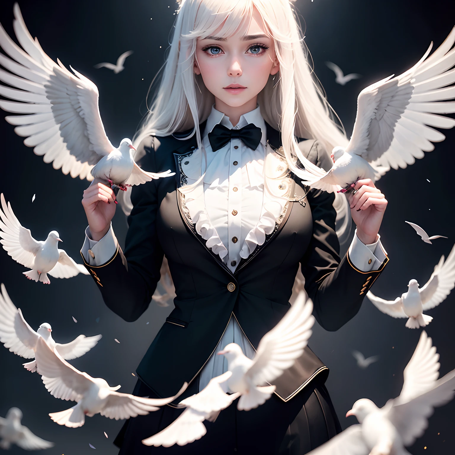 finest image, detailed and delicate depiction, Magic show by a highly skilled magician, Many white doves come out of the beautiful assistant's clothes, blurry background black, iridescent light particles, professional lighting