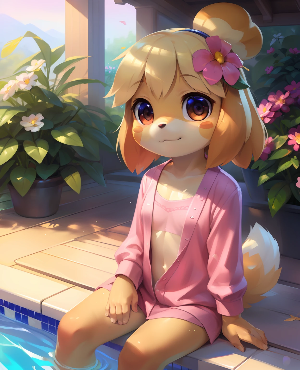 uploaded on e621, ((by Pino Daeni, by ruan jia, Fumiko, Author: Levelviolet, Author: Supplesee)), kemono, Dagasi, Solo Woman Isabelle \(Animal Crossing\) animal-shaped with a tiny and short body with yellow fur (in a pink shirt:1.4)  with leaf patterns and (:1.4) and the white belly and the upper knot, and (Chime:1.2), ((wild)), ((flat chest)), (detailed fluffy fur), (Half-length portrait, frontal view, looking a viewer), BREAK, (Sitting on a bench by the hotel pool with a plant and a flower), (Detailed background, Depth of field, half body shadow, Sunlight, ambient light on the body), (Intricate:1), (high detail:1.3), (Unreal engine:1.2), (soft focus:1.15), [explict content, Questionable content], (Masterpiece, Best Quality, 4k, 2 thousand., shaded, absurd res)