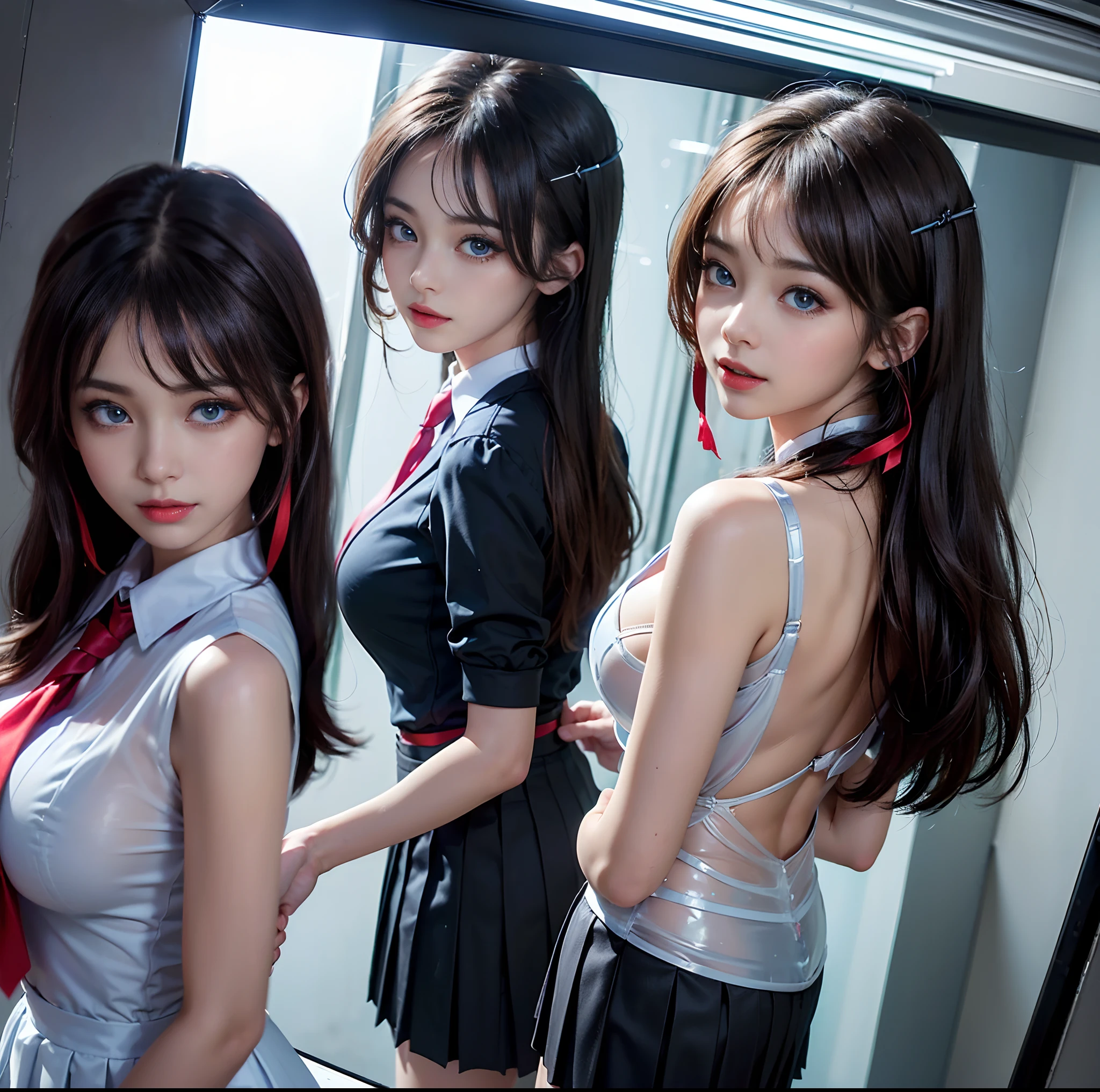 top-quality, ​masterpiece, (Professional lighting without shadows), A hyper-realistic, Bewitching, perfect anatomia, Two girls, (Girl proudly standing in front of camera shows off high school girl uniform ribbon ties, Another girl on the other side, Bend over and stick your butt out towards the camera), ( Huge breasts:1.2), (Bright and even whitening skin without wrinkles and steps), (Bright beautiful blue eyes with long black eyelashes and red tear bags reflected light:1.5)、 (Braided half-up hair with bangs:1.2), (Her outfit is、Dress up cramped schoolgirl uniform accurately:1.3), (Proudly showing off a crimson ribbon tie from the front:1.2), (Another girl on the other side、To beautifully emphasize the proud ultra mini pleated skirt、Showing off a pose with the buttocks exposed from directly behind:1.3), (Beautiful face squinting in dazzling light:1.4), ssmile, (All clothes are thin and transparent、Fine, high-quality luster:1.6)