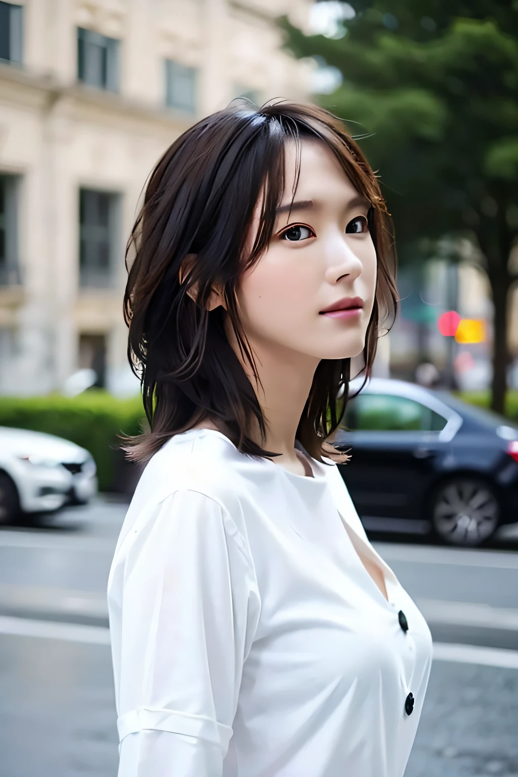 ((Best Quality, 8K, Masterpiece: 1.3)), Sharp: 1.2, Perfect Body Beauty: 1.4, Slim Abs: 1.2, ((Layered Hairstyle, Big Breasts: 1.2)), (Wet White Button Long Shirt: 1.1), (Rain, Street: 1.2), Wet: 1.5, Highly detailed face and skin texture, detailed eyes, double eyelids, side face looking at the camera