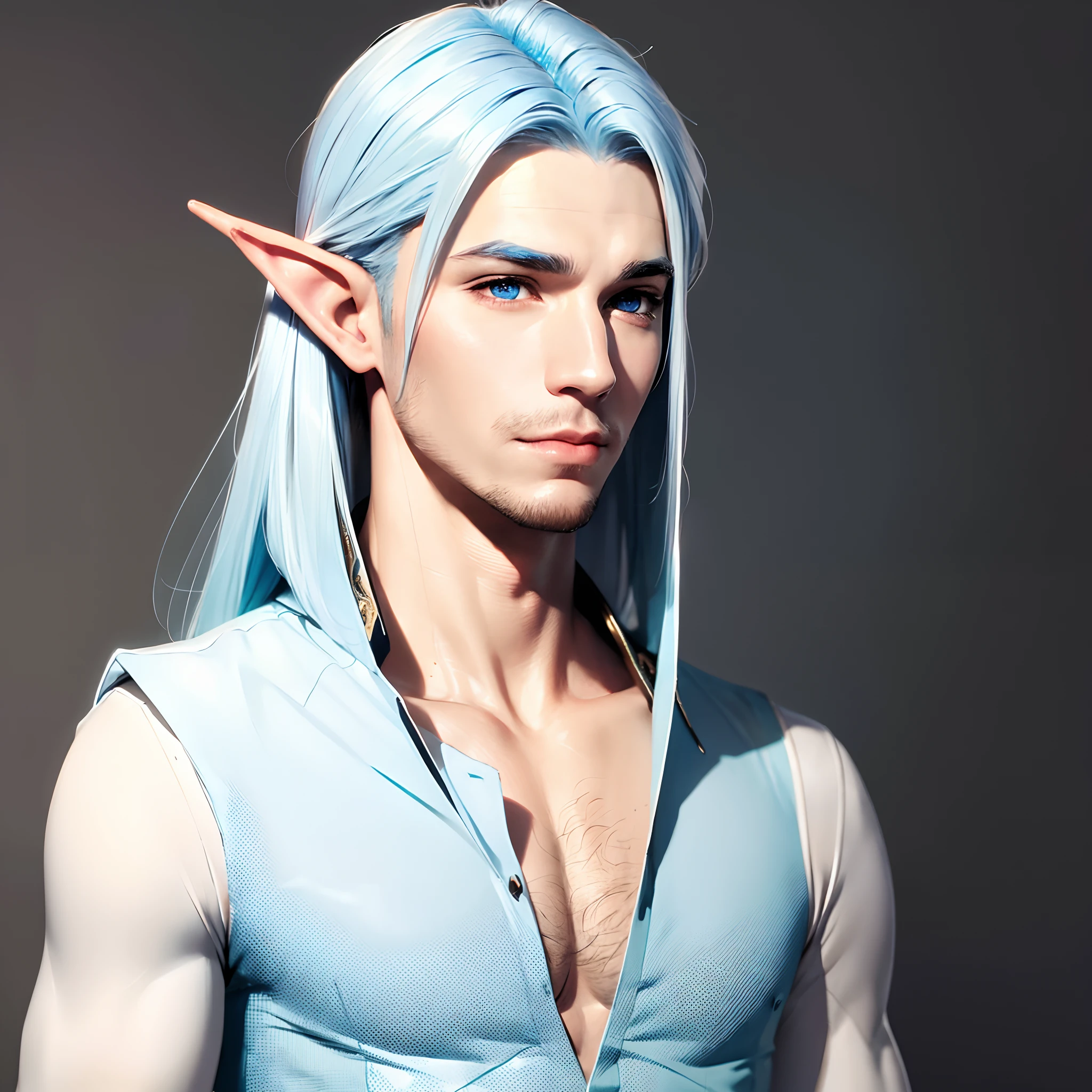 Male, elf, young, fantasy, dumb, realistic, portrait, foolish, pale blue hair, pale blue hair, slight facial hair