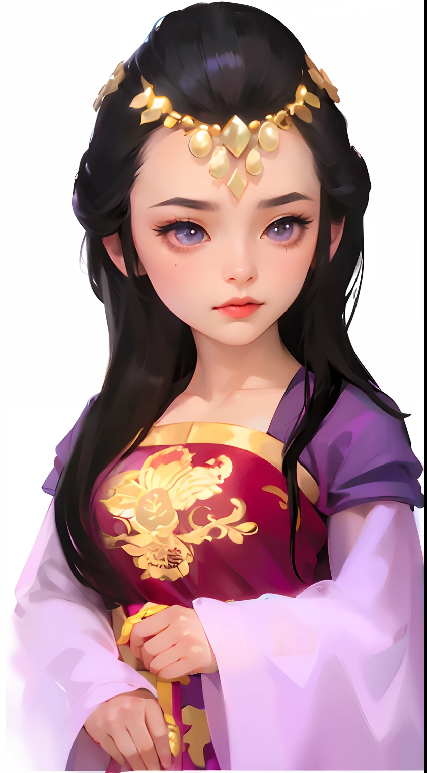 Masterpiece, Black color hair,Purple skirt,big beatiful eyes,cartoony, Redlip, Forehead decoration, Best, Night, full moon, 1 female, Mature woman, Chinese style, Ancient China, sister, Royal Sister, Cold face, Expressionless, Woman with long black hair, Light pink lips, calm, Intellectual, Three bangs, With gray eyes, assassins, Long sword, swordsman, Fighting, Street view, Facial details, Perfect body, Beautiful body