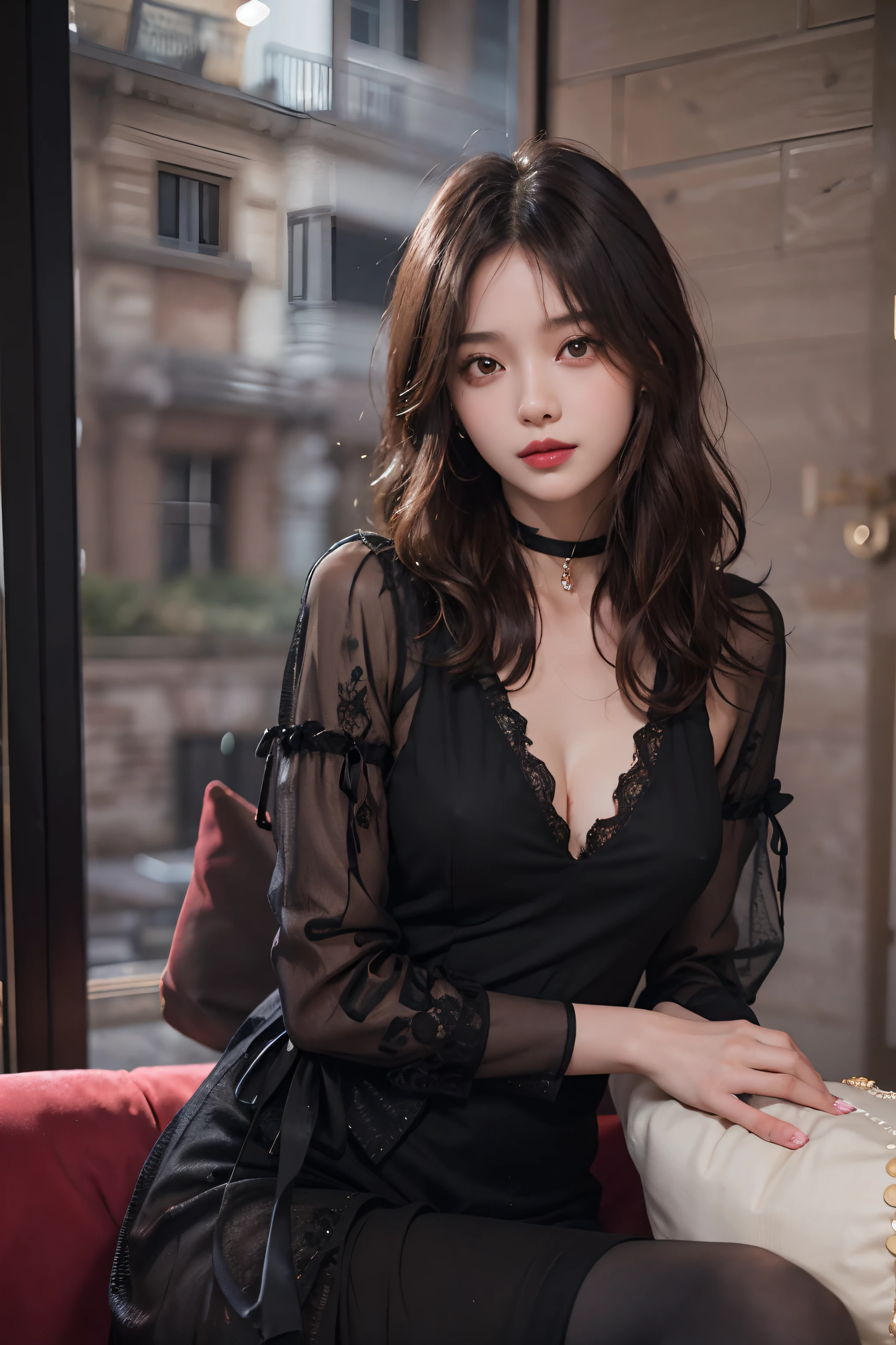 ((upper bod))、(((2People Girls)))、(in her 20s)、((Bery short hair))、((bangss))、((A dark-haired))、(looking at view)、(Sitting side by side on a large black-skinned sofa)、(Photoreal Stick:1.2)、in 8K、(High quality shadows)、(a smile)、Detail Beautiful delicate face、Detail Beautiful delicate eyes、Cute K-pop Idol、(Korean Urzan Face)、(ulzzang -6500-v1.1:0.6)、gloweyes、perfectbody、Natural color reproduction、((strong lights))、Bright red lipstick、(a choker)、((Brown eyes))、Shiny hair、Description beautiful delicate hair、(Lustrous skin)、((Black see-through dress with long sleeves))、(early evening)、(Room with large windows)、