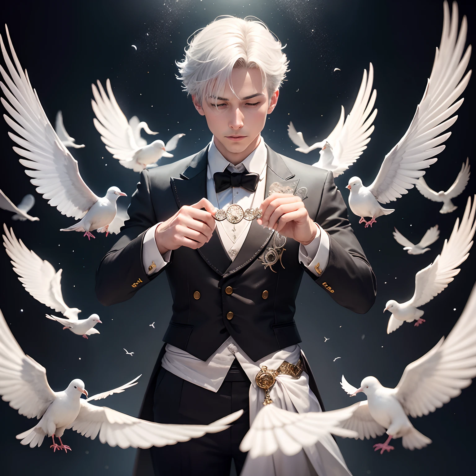 finest image, detailed and delicate depiction, Magic show by a highly skilled magician, many white doves and one white crow, blurry background black, iridescent light particles, professional lighting