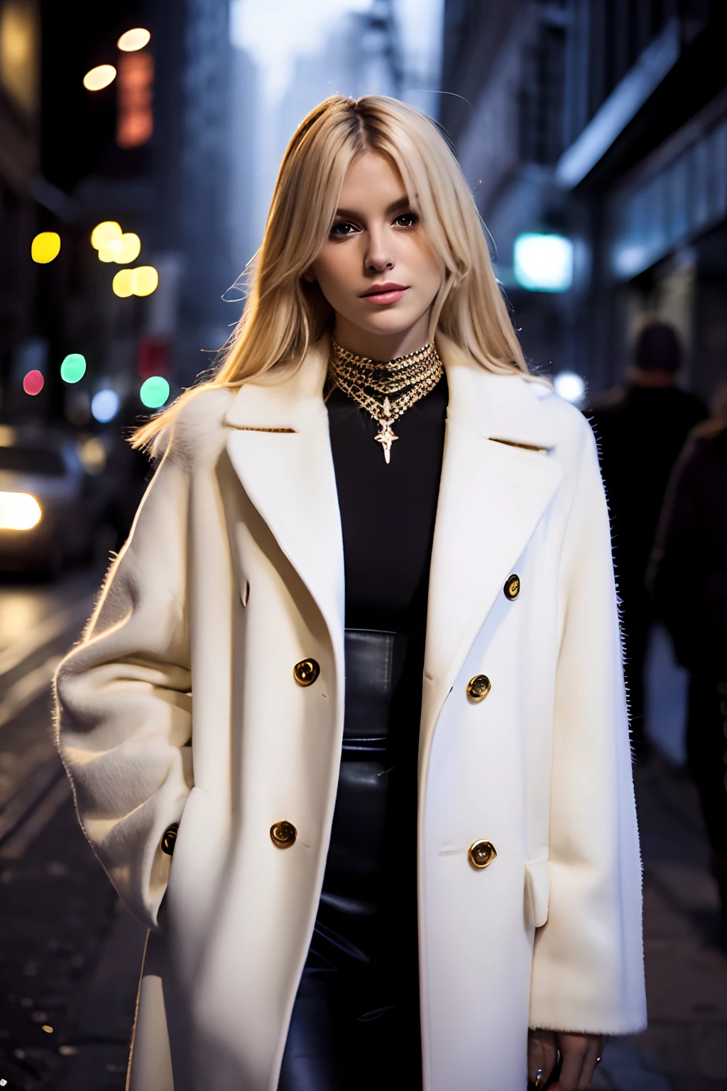 visible the whole body, very pretty, very beautiful face, very sweet, extremely beautiful, from head to knee : a blond woman posing at a dark scene, in the style of modern jewelry, wearing a white long coat, on the street,