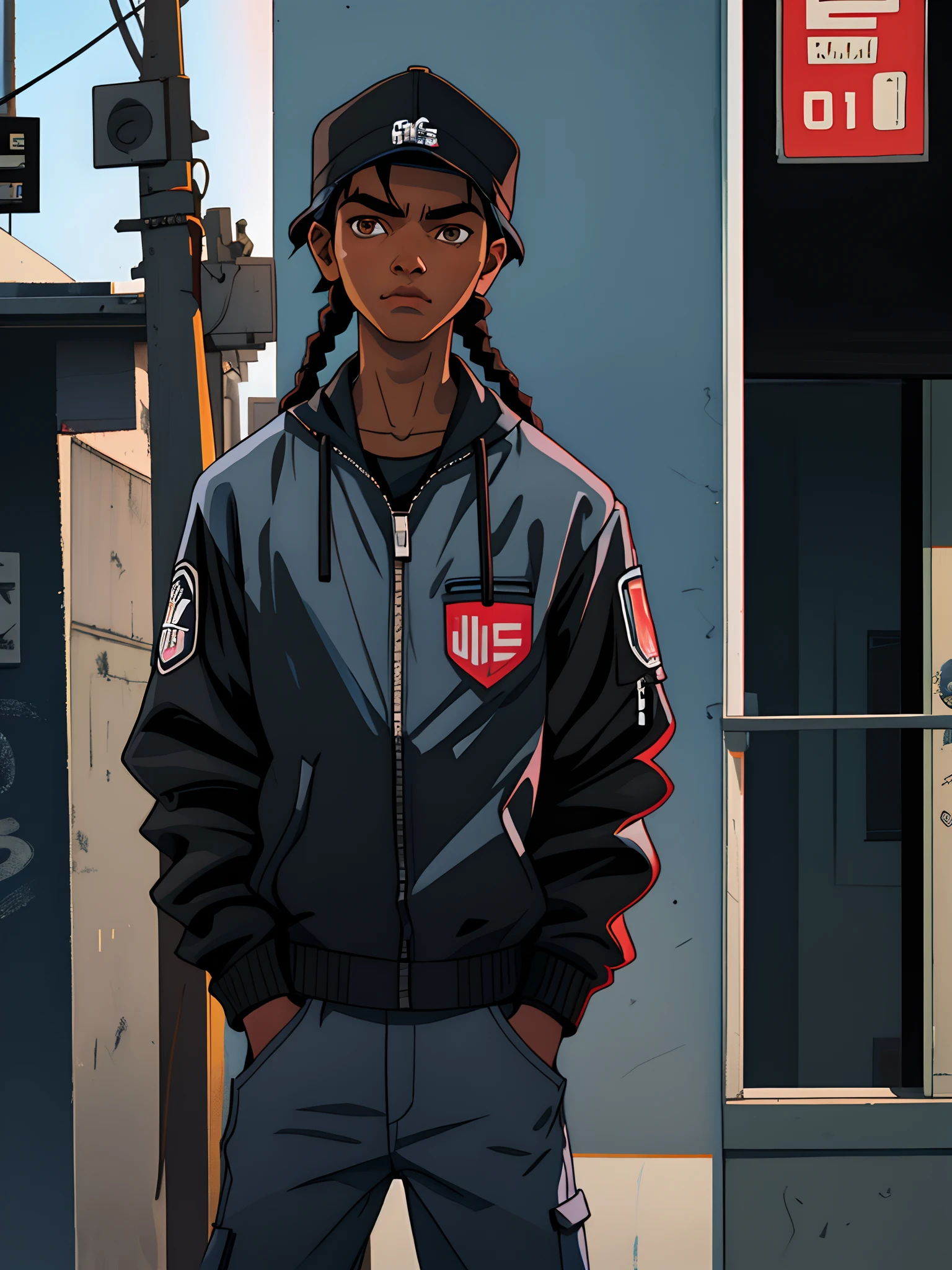 a young man from the ghetto, dark skin, black braided hair, face with small marks on the box, brown eyes, cheekbones, short nose, normal black teenage clothes, light blue cap with drawing, favela landscape, crucifix on his neck, standing, render style grand theft auto rockstar games, ultralight, lightroom, lighting