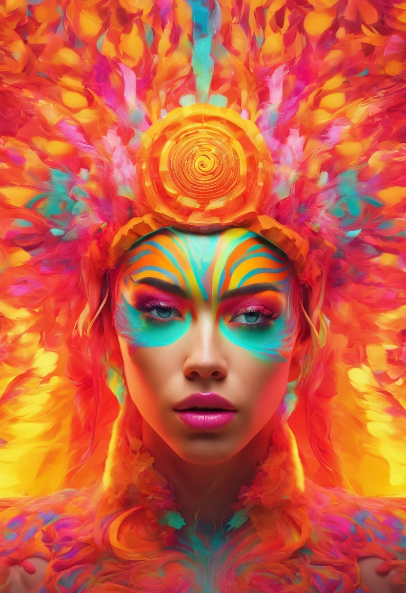 Woman with neon makeup and headdress , transgressive art, Sharp Focus, 8 K, Octane Render , Saturated colors, Pastel colors、(Beautiful eyes、Beautiful nose、Beautiful mouth、I'm opening my mouth)