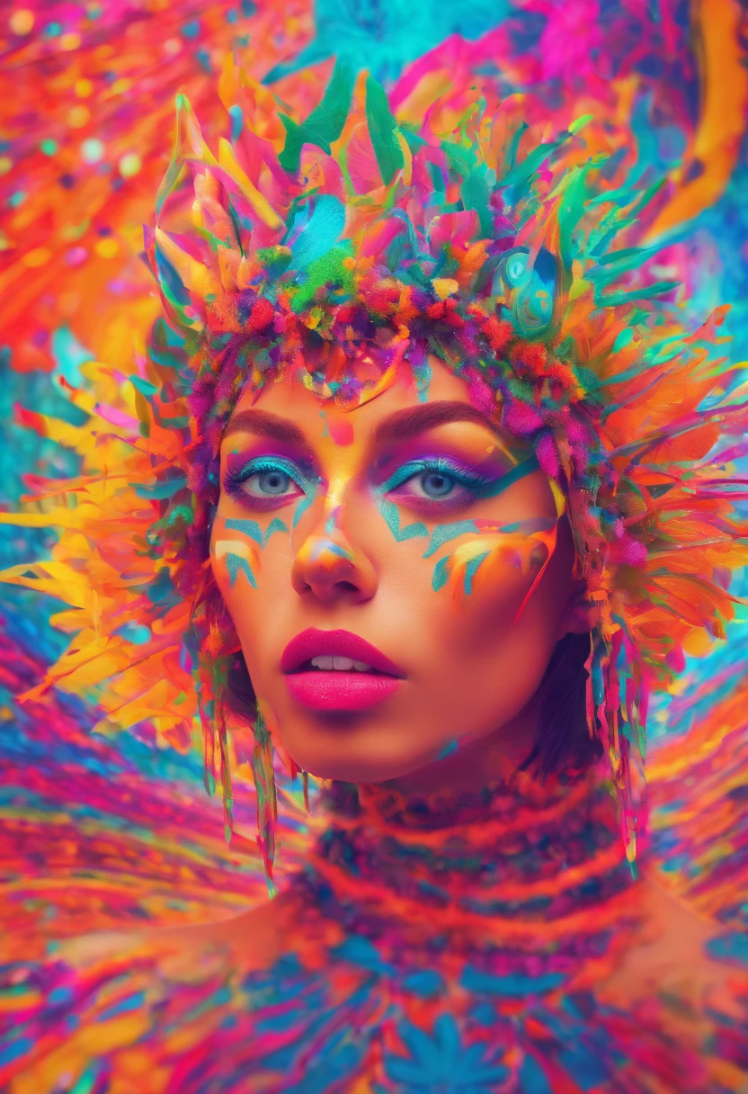 Woman with neon makeup and headdress , transgressive art, Sharp Focus, 8 K, Octane Render , Saturated colors, Pastel colors、(Beautiful eyes、Beautiful nose、Beautiful mouth、I'm opening my mouth)