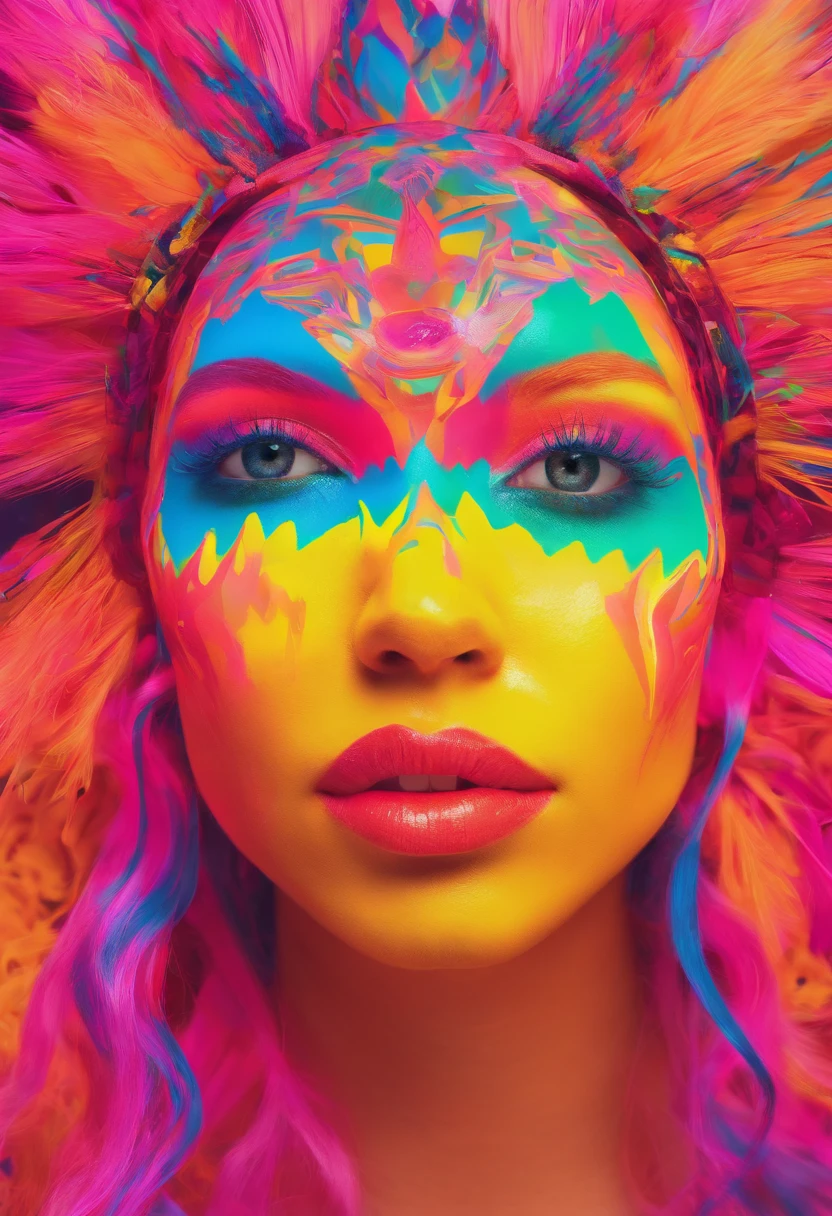 Woman with neon makeup and headdress , transgressive art, Sharp Focus, 8 K, Octane Render , Saturated colors, Pastel colors、(Beautiful eyes、Beautiful nose、Beautiful mouth、I'm opening my mouth)