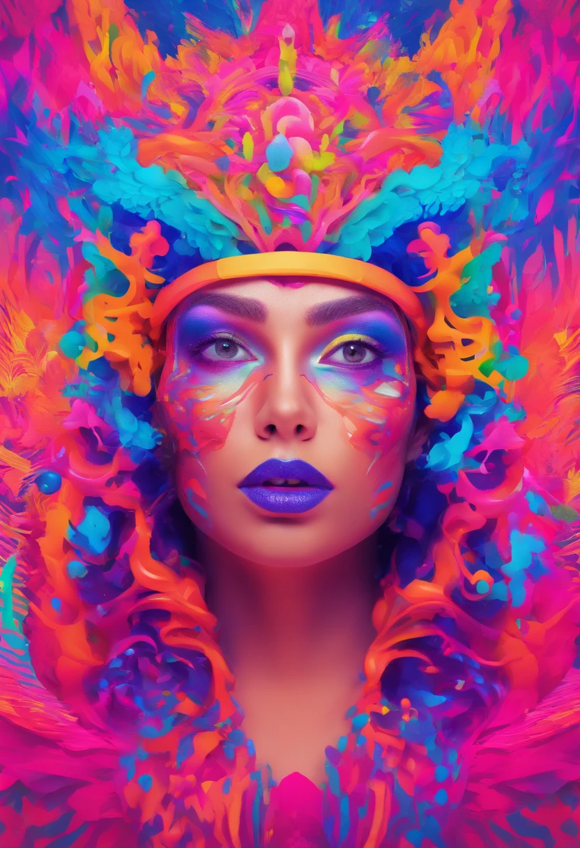 Woman with neon makeup and headdress , transgressive art, Sharp Focus, 8 K, Octane Render , Saturated colors, Pastel colors、(Beautiful eyes、Beautiful nose、Beautiful mouth、I'm opening my mouth)