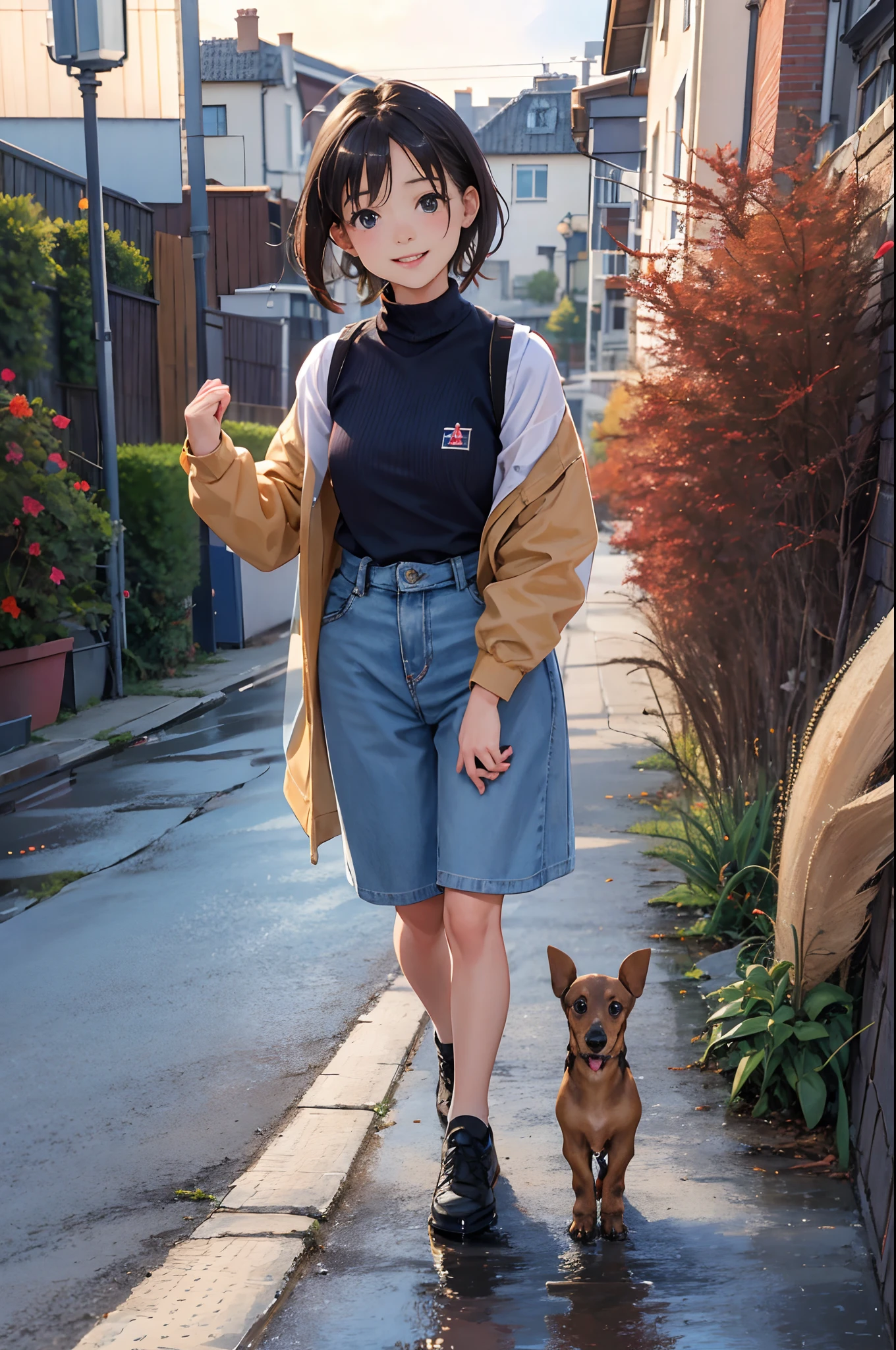 (in 8K, Best Quality, masterpiece:1.1, ultra detailed:1.2), (realistic:1.3, photo realistic:1.5, dutch angle:1.2), (1 cute Girl:1.5), Fine and beautiful black eyes:1.5,(28yo),from the front,she is short brown hair,happy smile,outdoor:1.2,autumn park:1.2,clearsky:1.2,Break,(she is taking a walk with miniature dachshund:1.1),(afterrain:1.2),