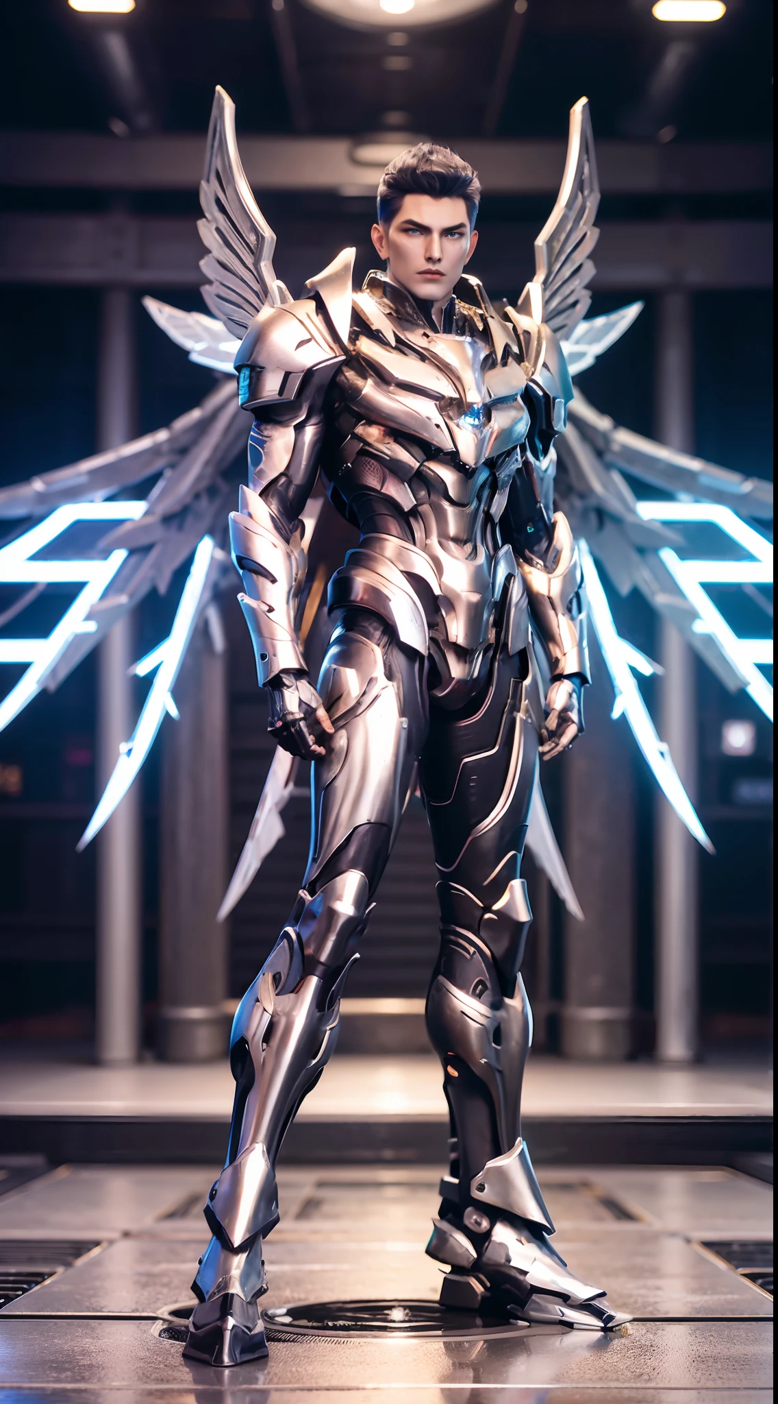 a man in a suit with a futuristic look on his face and chest, with a futuristic helmet on, (1boy:0.630), (black hair:0.728), (golden heavy armor:0.923), (((a pair largest silver wings))), (blurry:0.915), (blurry background:0.579), (blurry foreground:0.619), (depth of field:0.771), (letterboxed:0.805), (looking at viewer:0.601), (male focus:0.786), (mecha:0.605), (realistic:0.758), (solo:0.839), (full body:1.3)