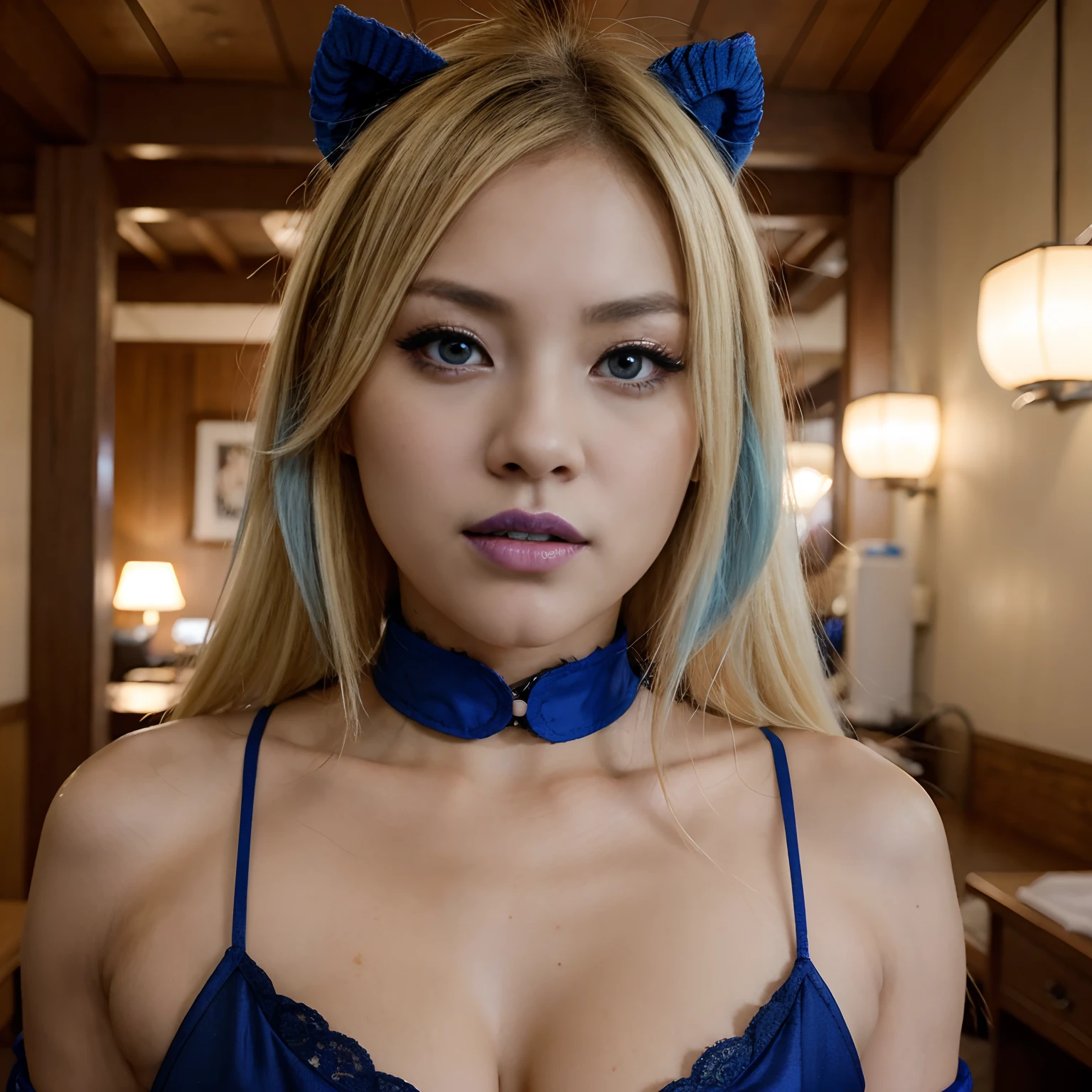 mujer sexy, con rasgos japoneses, con ojos grandes color azul, blonde hair, mordiendose los labios, tomandose una foto de cuerpo completo con disfraz demon girl.