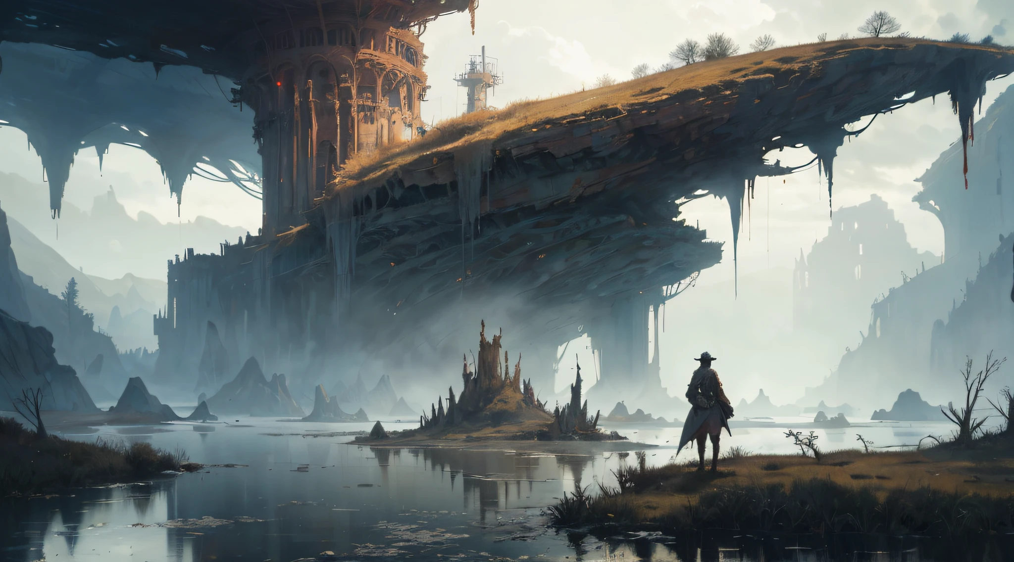 (by Greg Rutkowski: 1.2), (masterpiece), (best quality), extremely delicate and beautiful, illustration, (fantasy landscape), a desolate swamp with willow trees and (rivers of blood: 1.3) (a large fantasy oil rig is destroyed and knocked over centered in the photo: 1.5) (mystical and otherworldly fantasy landscape with a sense of desolation), depth of field, HDR, intricate, delicate