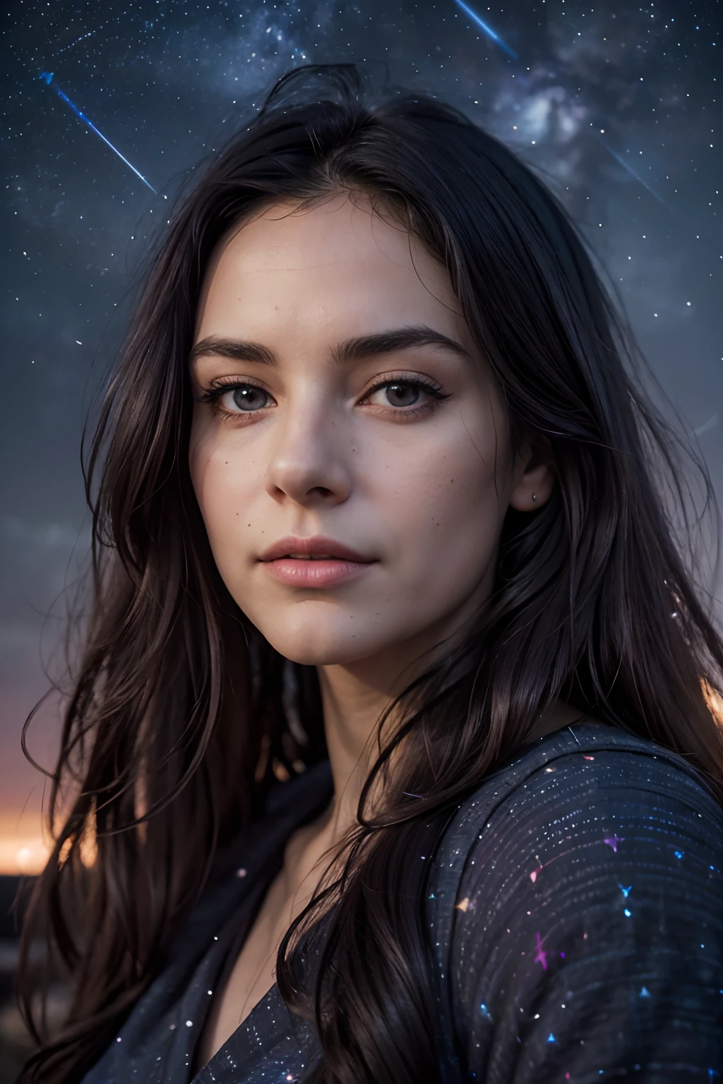 highest quality, epic realistic, woman in the observable universe:1.4, (background: vibrant stars, violet blue starry sky, and celestial summer sky:1.0), ((portrait with nighttime sky:1.5)), (background: nebulas stars,foreground: vibrant stars celestial skies, ) high contrast ,glorious picture, lowest lux, lighting face, she's comfortable, tshirt, looks incredible, (8k, Raw photo, Highest quality),(epic realistic:1.5), a woman, face,(detailed eyes:0.8),(looking at the camera:1.4), (Highest quality), ( high contrast, deep shadows),Intricate details,cinematic,((skin:1.4)),exterior constellation, cosmos, (long dark hair:1.3), long hair, messy ,(Hdr:1.5),Detailed, colors, Superior quality, ( glowing lights: 1.4), Masterpiece, Raw Photo (30-year-old, looking at viewer), beautiful, (wearing comfy outfit,), (loving), perfect, natural, perfect composition, portrait, perfect face, caring expression, Captivating eyes, Bright details, Tight lips, (High Skin Detail),, (blue tint: 0.6), (sale: 0.8), (bloody: 0.7), Key lighting , (backlight: 0.5), Medium depth of field, Canon 5d, 50mm lens, f/4 apertures, (Ultra-detailed, Complex detail), sharp focus, soft colors, 8k, Absurd, 8mm film grain, photography, relaxed in immersive experience,