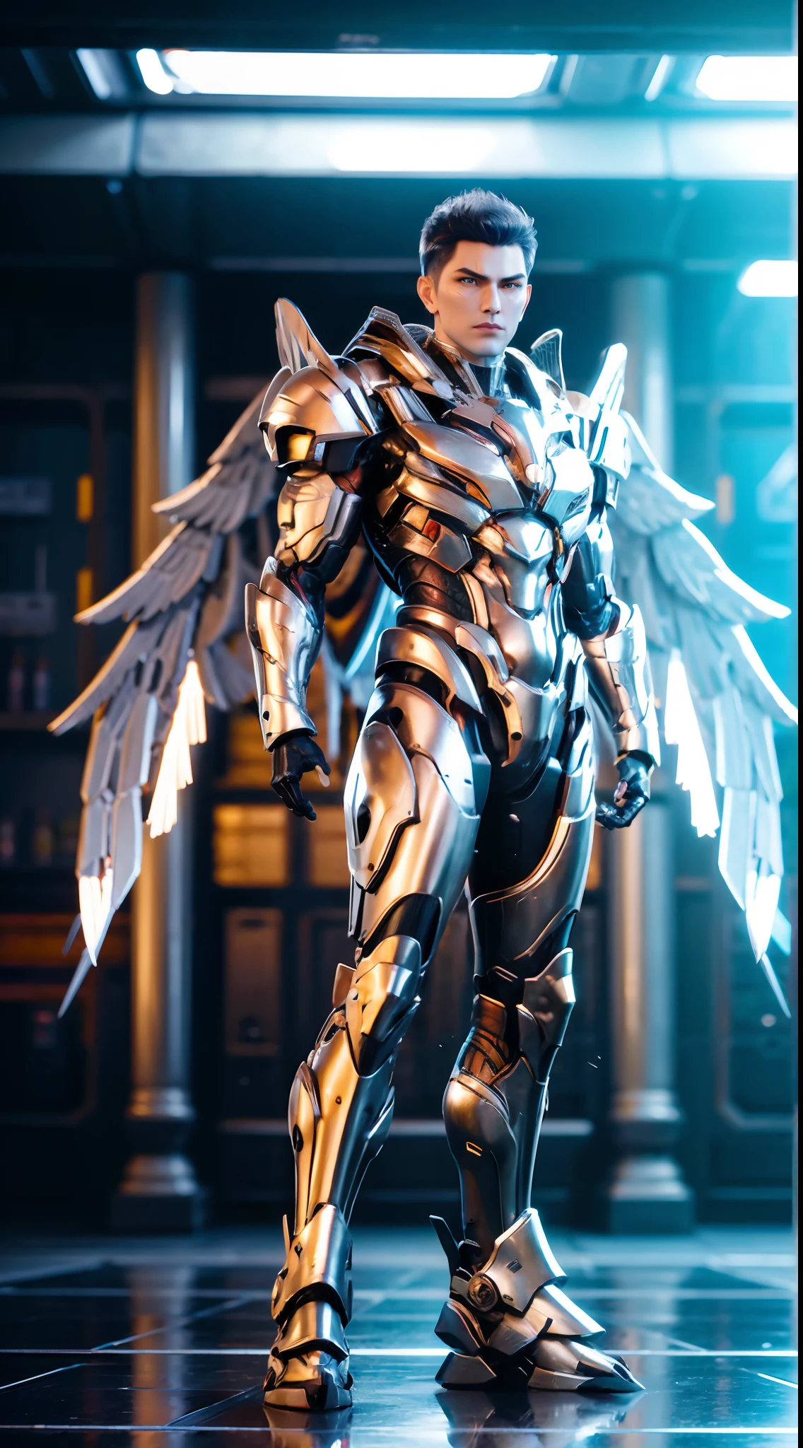 a man in a suit with a futuristic look on his face and chest, with a futuristic helmet on, (1boy:0.630), (black hair:0.728), (golden heavy armor:0.923), (((a pair largest silver wings))), (blurry:0.915), (blurry background:0.579), (blurry foreground:0.619), (depth of field:0.771), (letterboxed:0.805), (looking at viewer:0.601), (male focus:0.786), (mecha:0.605), (realistic:0.758), (solo:0.839), (full body:1.3)