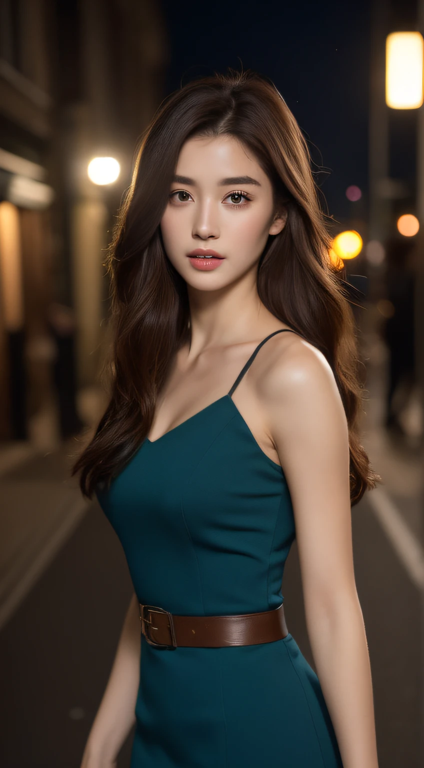 ((Realistic lighting, Best quality, 8K, Masterpiece: 1.3)), Focus: 1.2, 1girl, Perfect Body Beauty: 1.4, Slim Abs: 1.1, ((Dark Brown Hair)), (Aqua Dress: 1.4), (Outdoor, Night: 1.1), City Street, Super Fine Face, Fine Eyes, Double Eyelids,