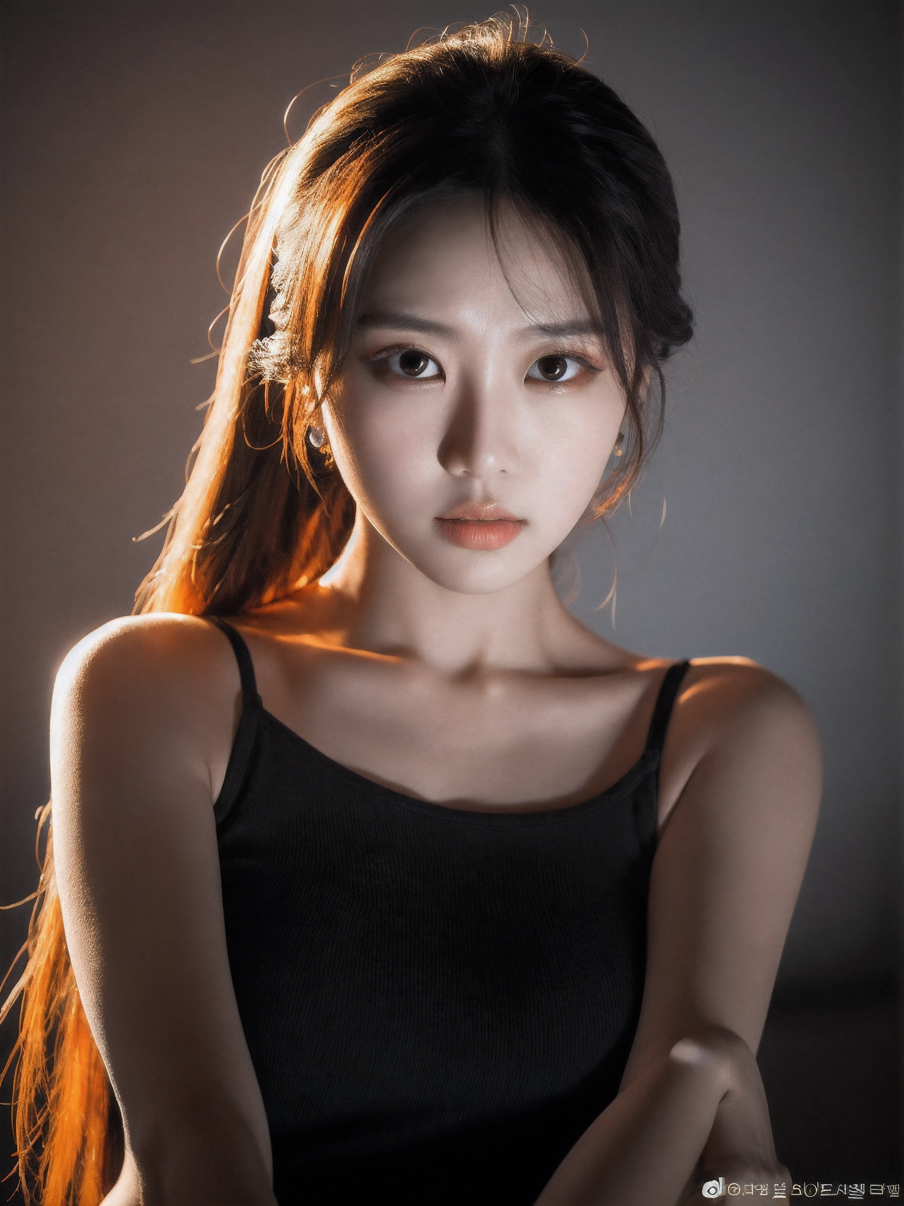 [(art by Dan Mumford:1.1),art by Alphonse Mucha:15], Photo of a Golden ratio, plump Beautiful Korean kpop idol Woman, Villaincore, deep orange lighting, Canon eos 5d mark 4, F/8