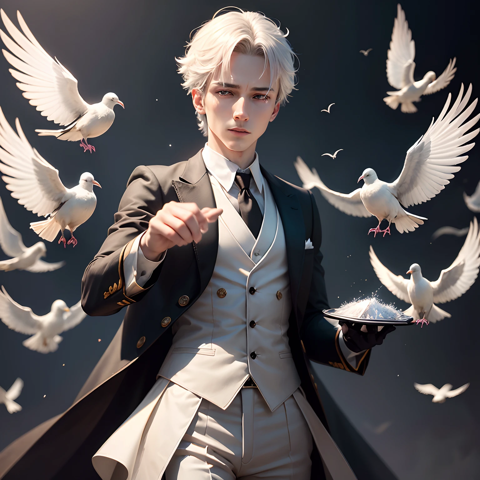 finest image, detailed and delicate depiction, Magic show by a highly skilled magician, one white crow, many white doves, blurry background black, iridescent light particles, professional lighting