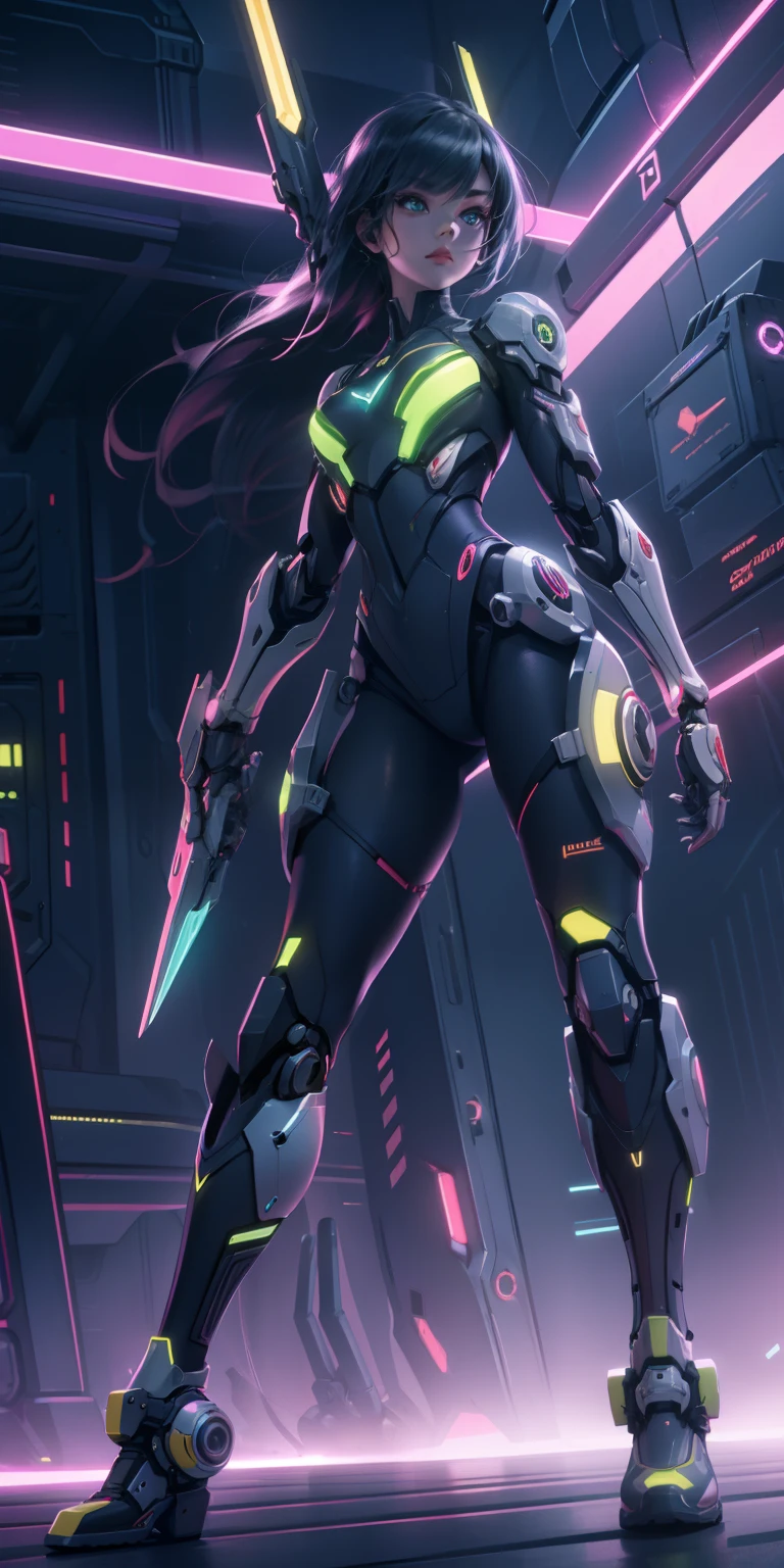 mechanical leg,Mechanical body,bit girl,Cartoony,Q version,Robotic arm,Ray traching,CG,neonlight,laser