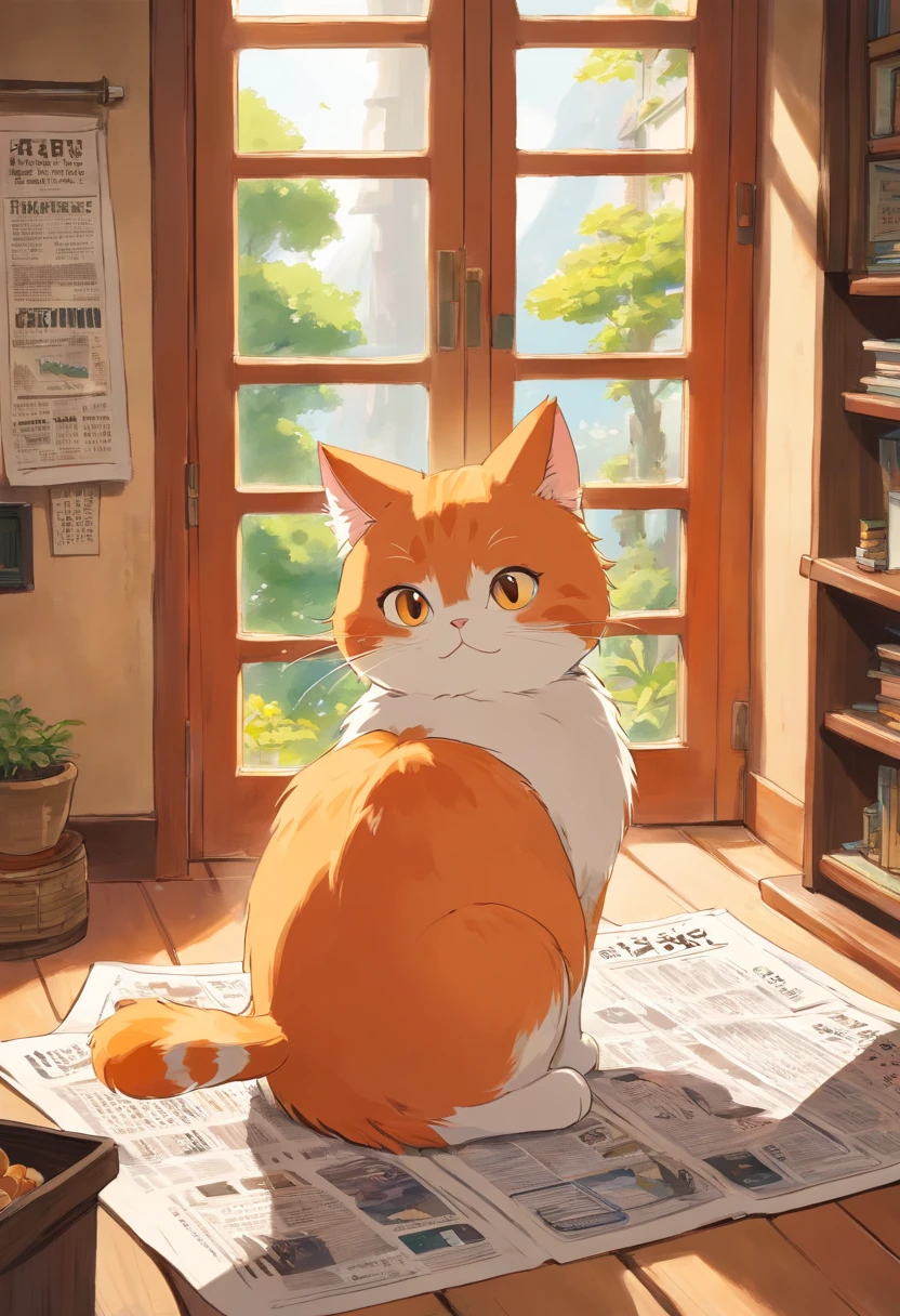 A round-eyed cute cat,Read the newspaper, Sunlight outside the window，fatness，Orange cat，Gape