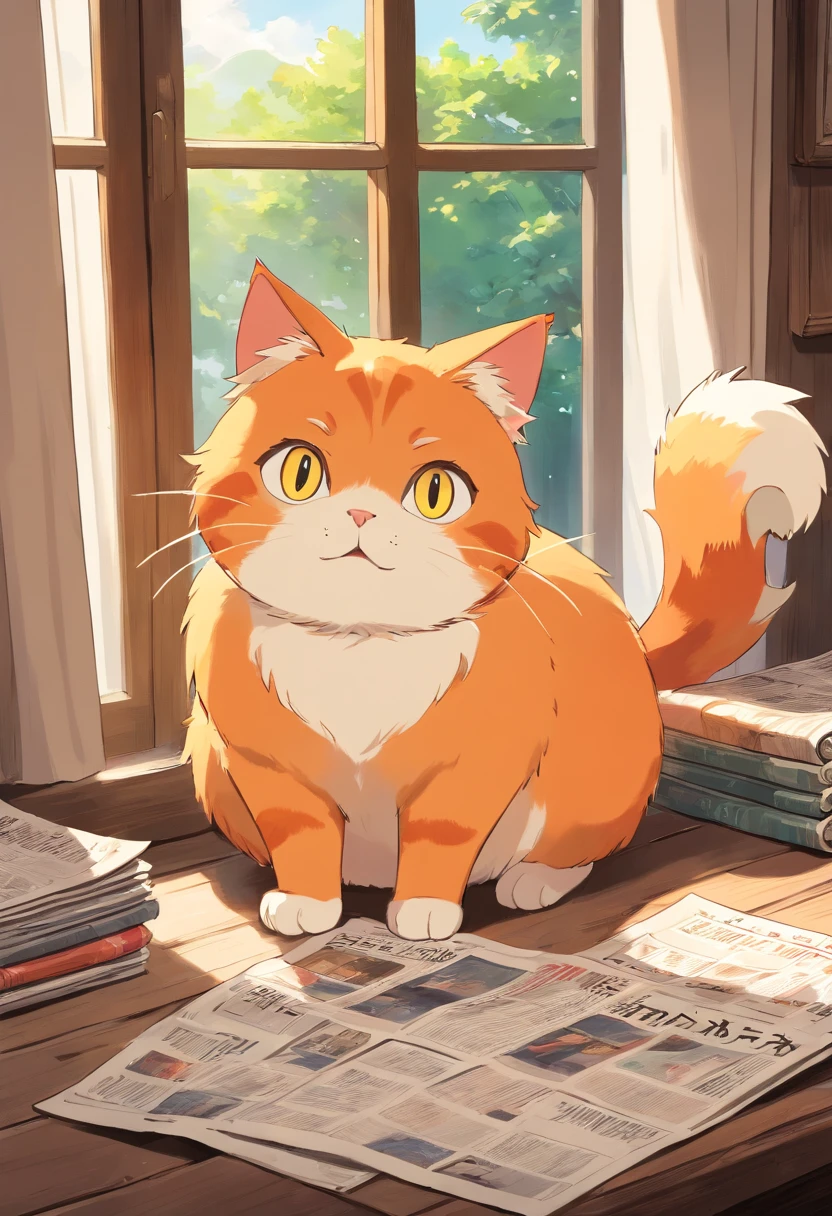 A round-eyed cute cat,Read the newspaper, Sunlight outside the window,fatness,Orange cat,Gape