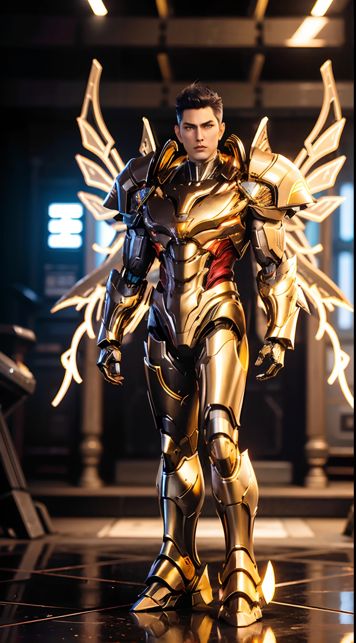 a man in a suit with a futuristic look on his face and chest, with a futuristic helmet on, (1boy:0.630), (black hair:0.728), (golden heavy armor:0.923), (((a pair large mecha wings))), (blurry:0.915), (blurry background:0.579), (blurry foreground:0.619), (depth of field:0.771), (letterboxed:0.805), (looking at viewer:0.601), (male focus:0.786), (mecha:0.605), (realistic:0.758), (solo:0.839), (full body:1.3)