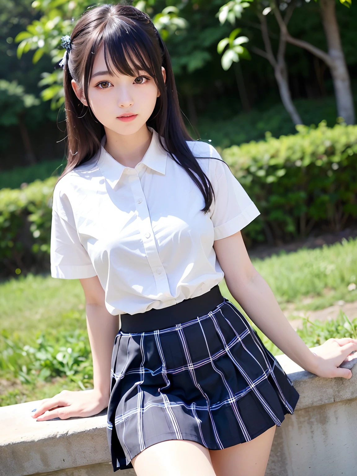 White blouse,Dark blue plaid pleated skirt,tie,16 years old,high school girl,Black Hair,bangs,Straight hair,ponytail,Dark Eyes,Small face,Young Face,Clean your eyes,Small Mouth,Showing teeth,thin,Young Face,,Flat Chest,Flat Chest,Flat Chest,Flat Chest,Forest Park,Realistic photos,8K,smile,White teeth,Ultra HD,Standing posture,whole body,Skirt flipped up by the wind,Panty shot,Upskirt,White panties,